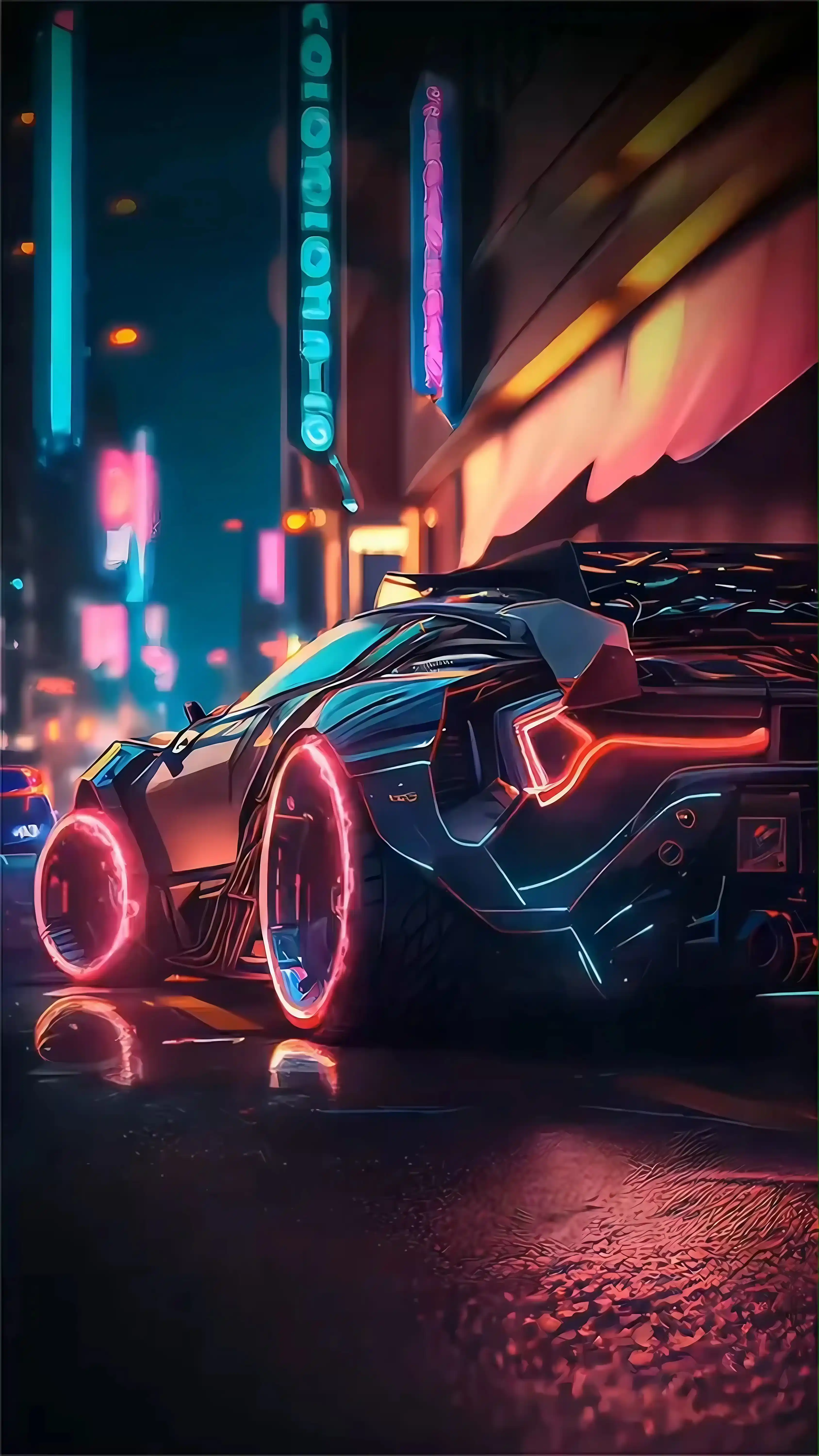 Luxury Sports Car in Neon City - Night Racing Wallpaper