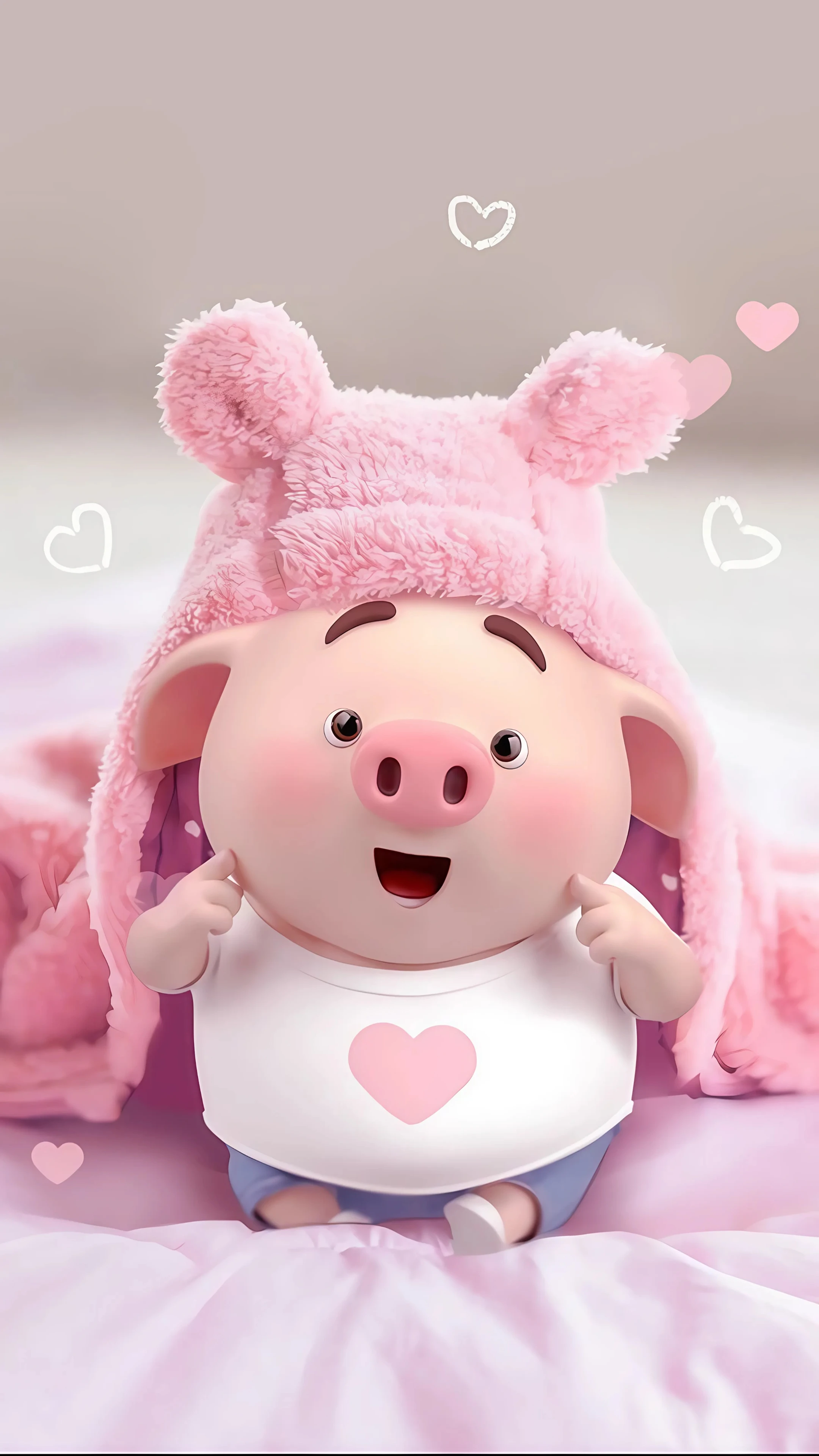 Cute 3D Piglet with Pink Hat and Hearts