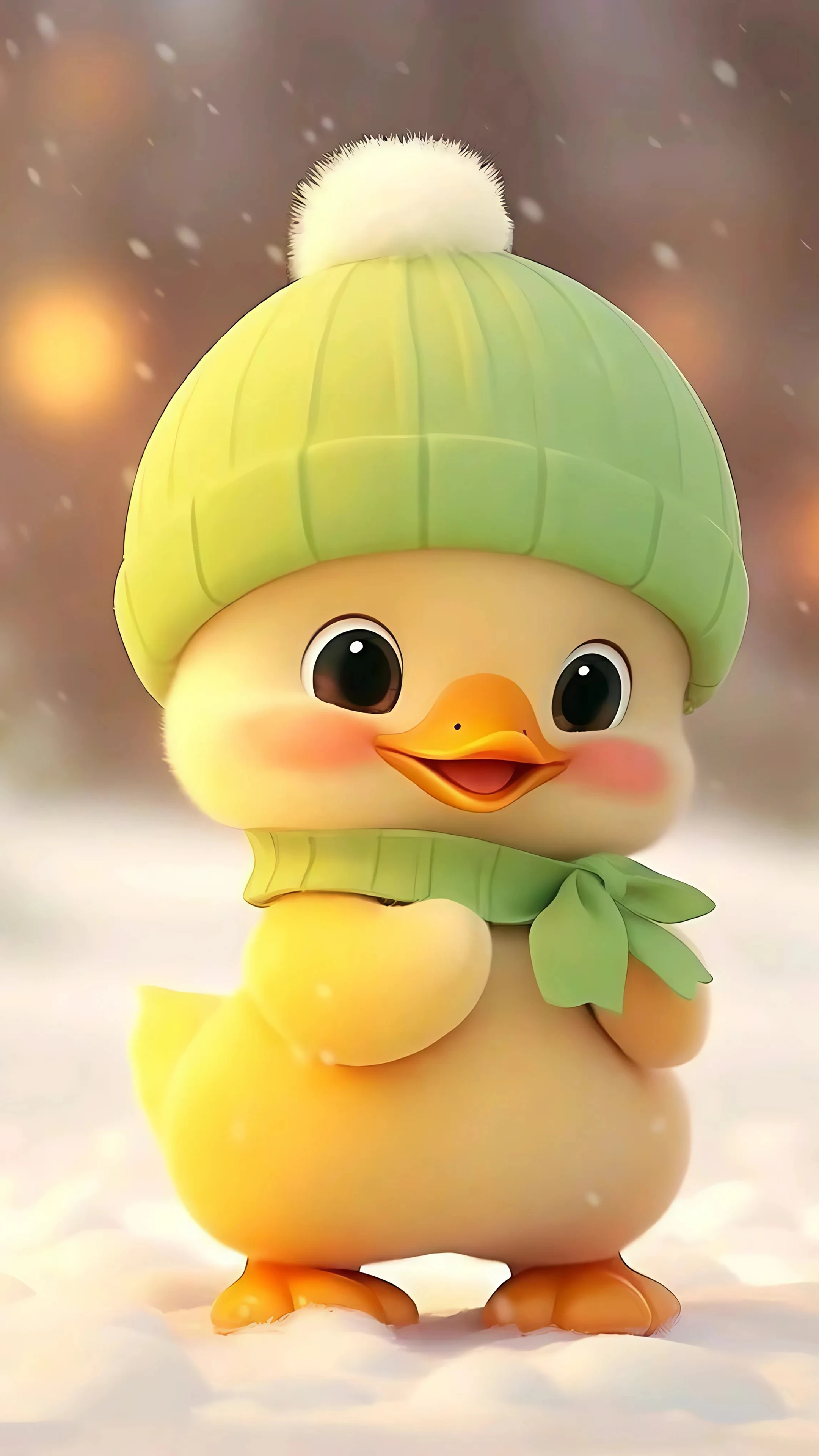 Winter Duckling with Green Knitted Hat and Scarf
