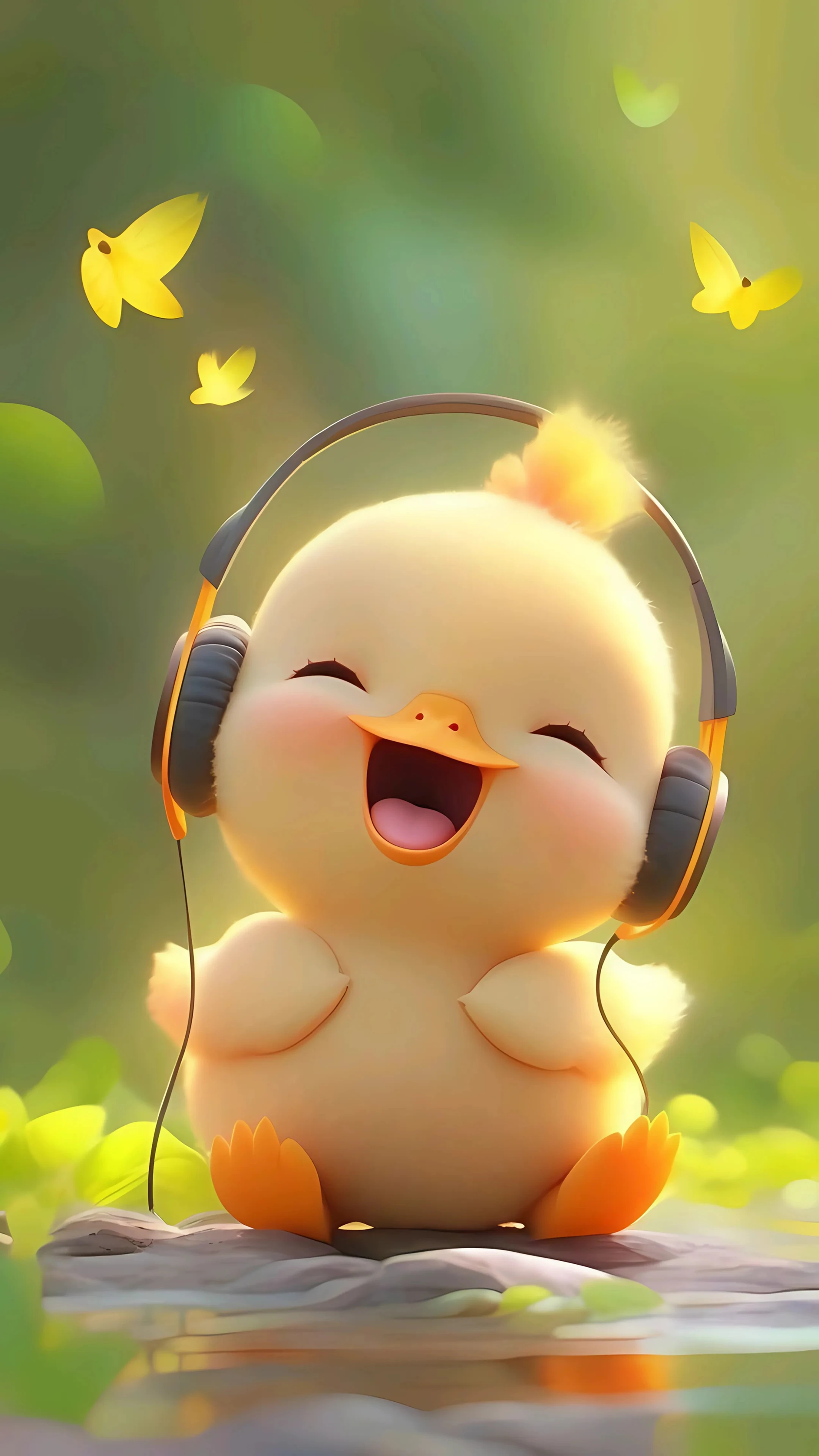 Happy Duckling Listening to Music with Headphones