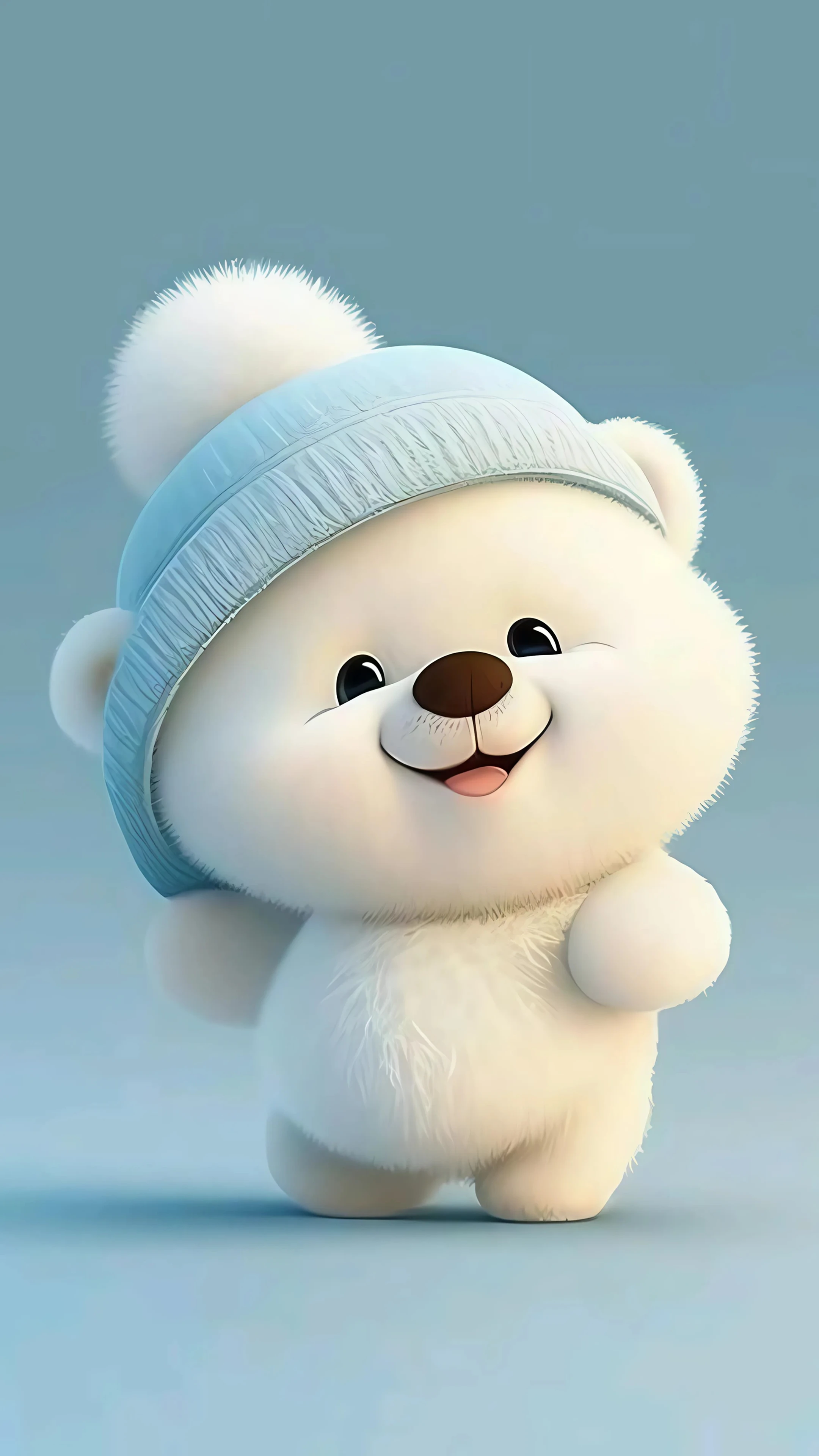 Smiling White Bear Cub with Blue Knitted Hat