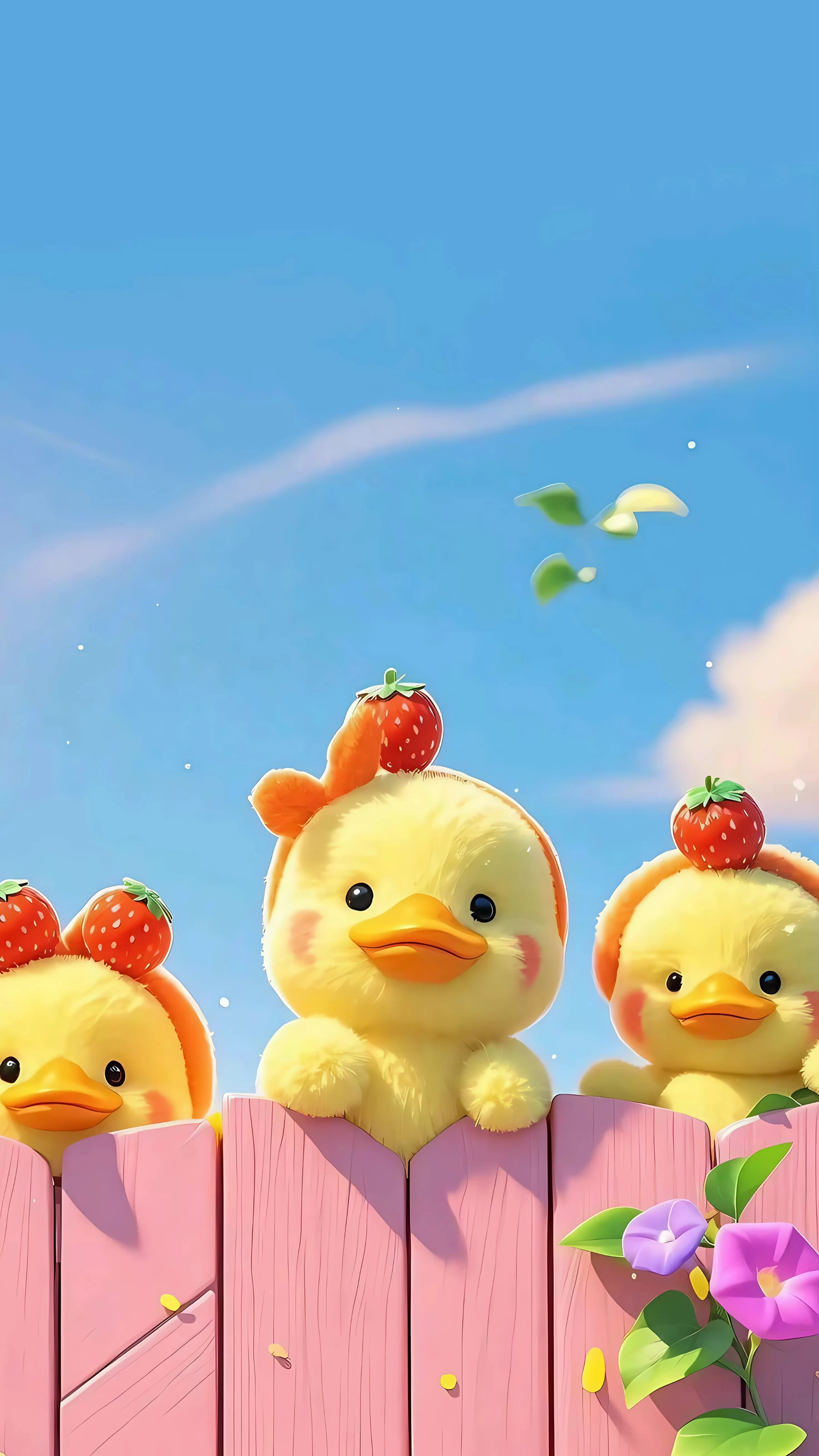 Three Ducklings with Strawberry Hats on Fence