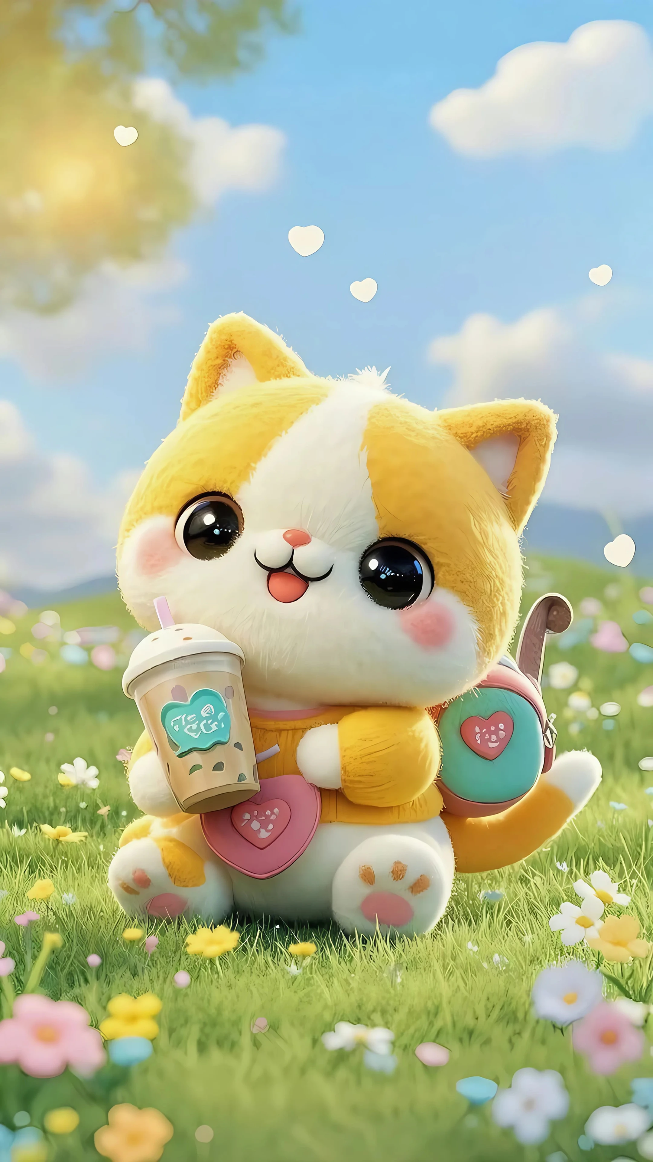 Cute Cat Drinking Bubble Tea in a Flower Field