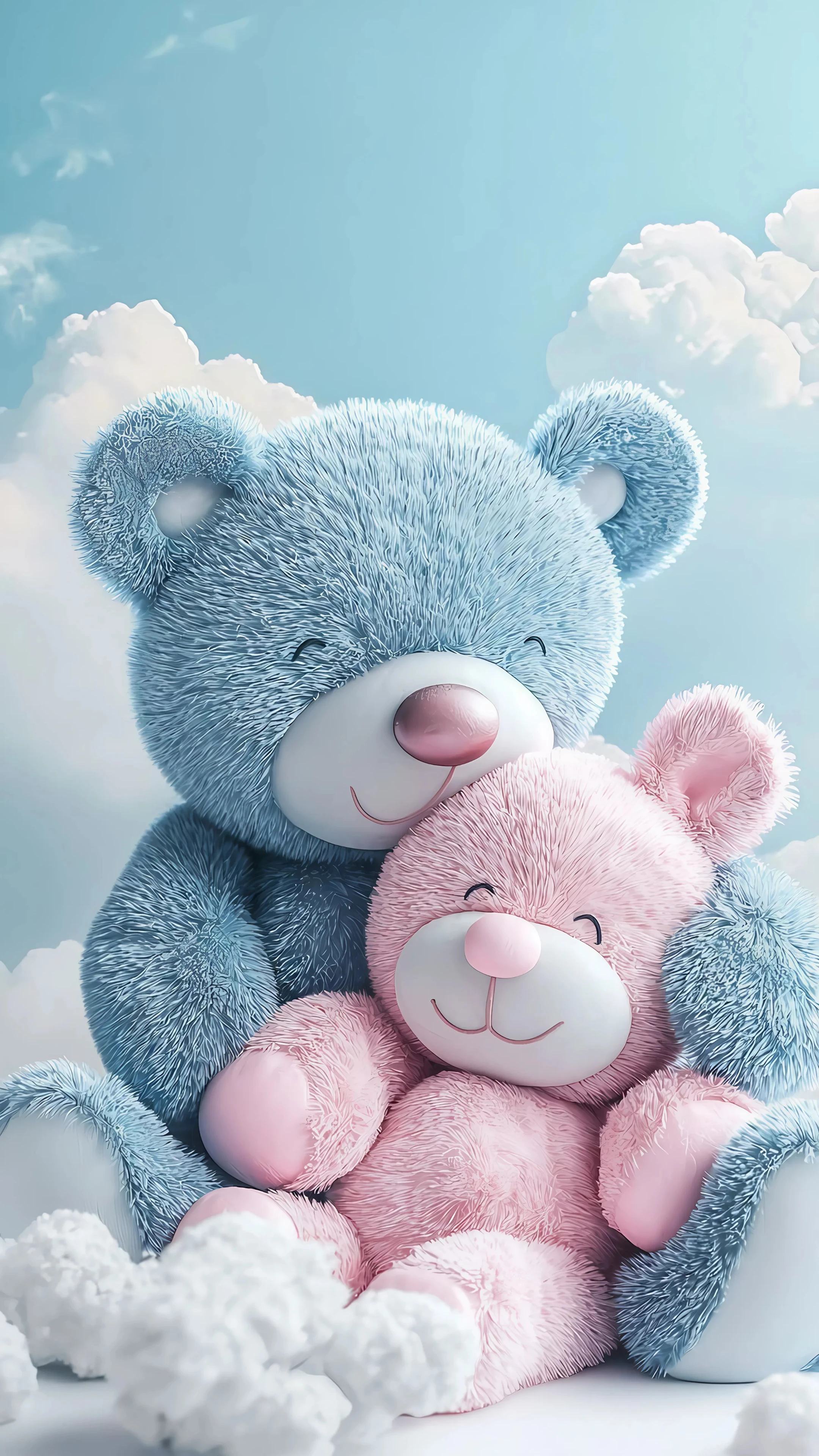 Cute Teddy Bears Hugging Each Other in the Clouds