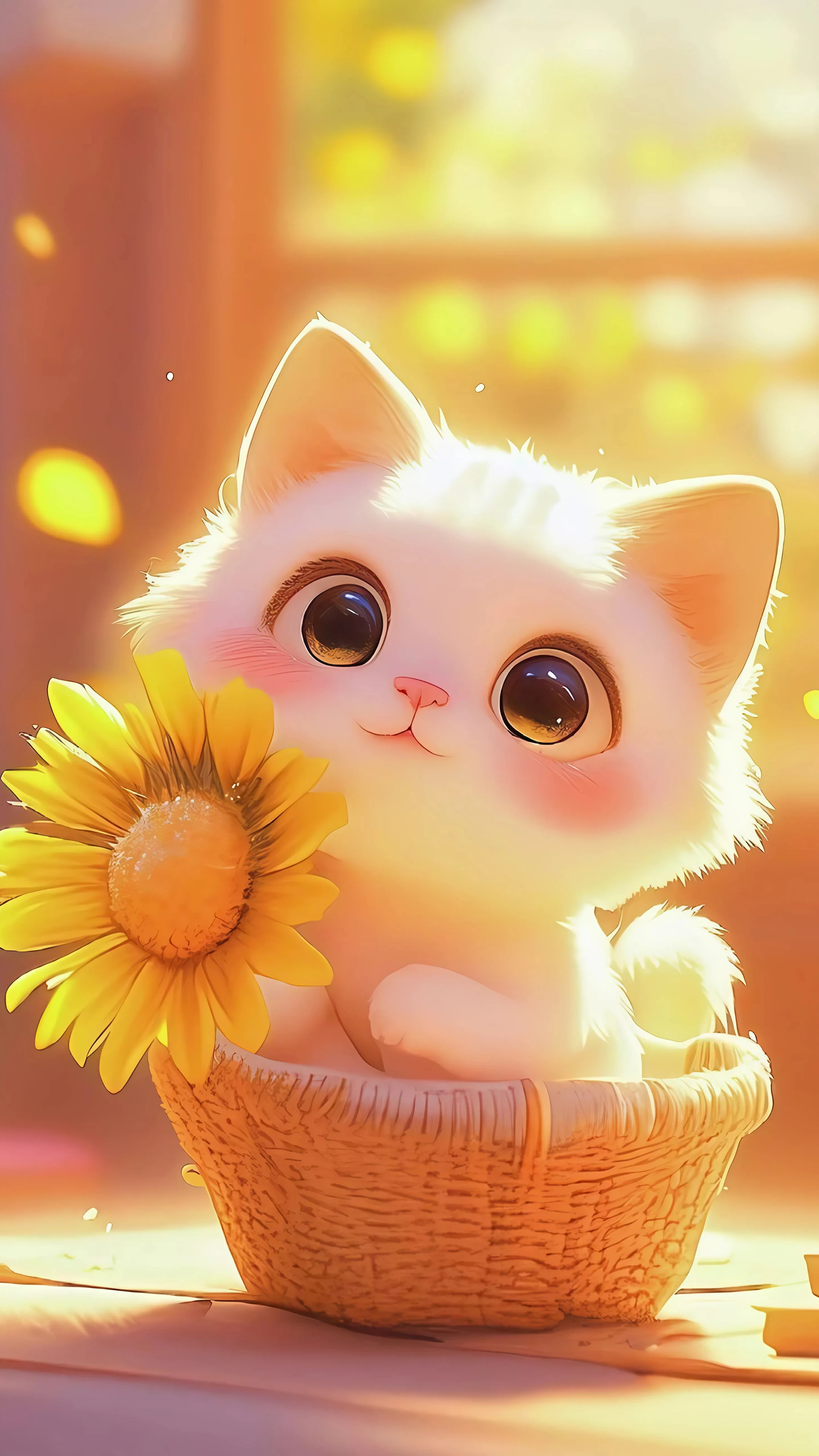 Sweet White Kitty Holding Sunflower in Warm Light