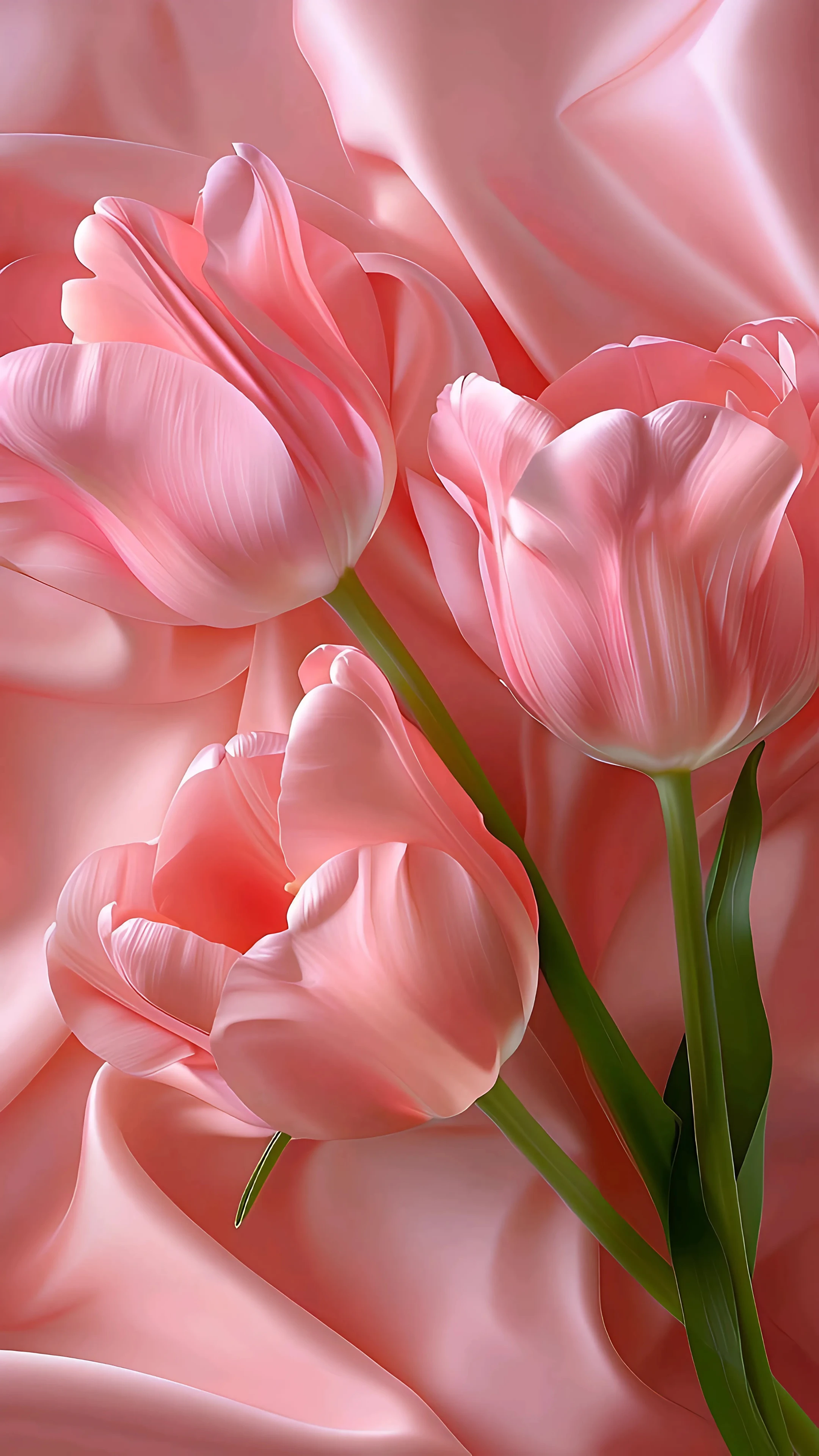 Pink Tulips on Silk Fabric Background
