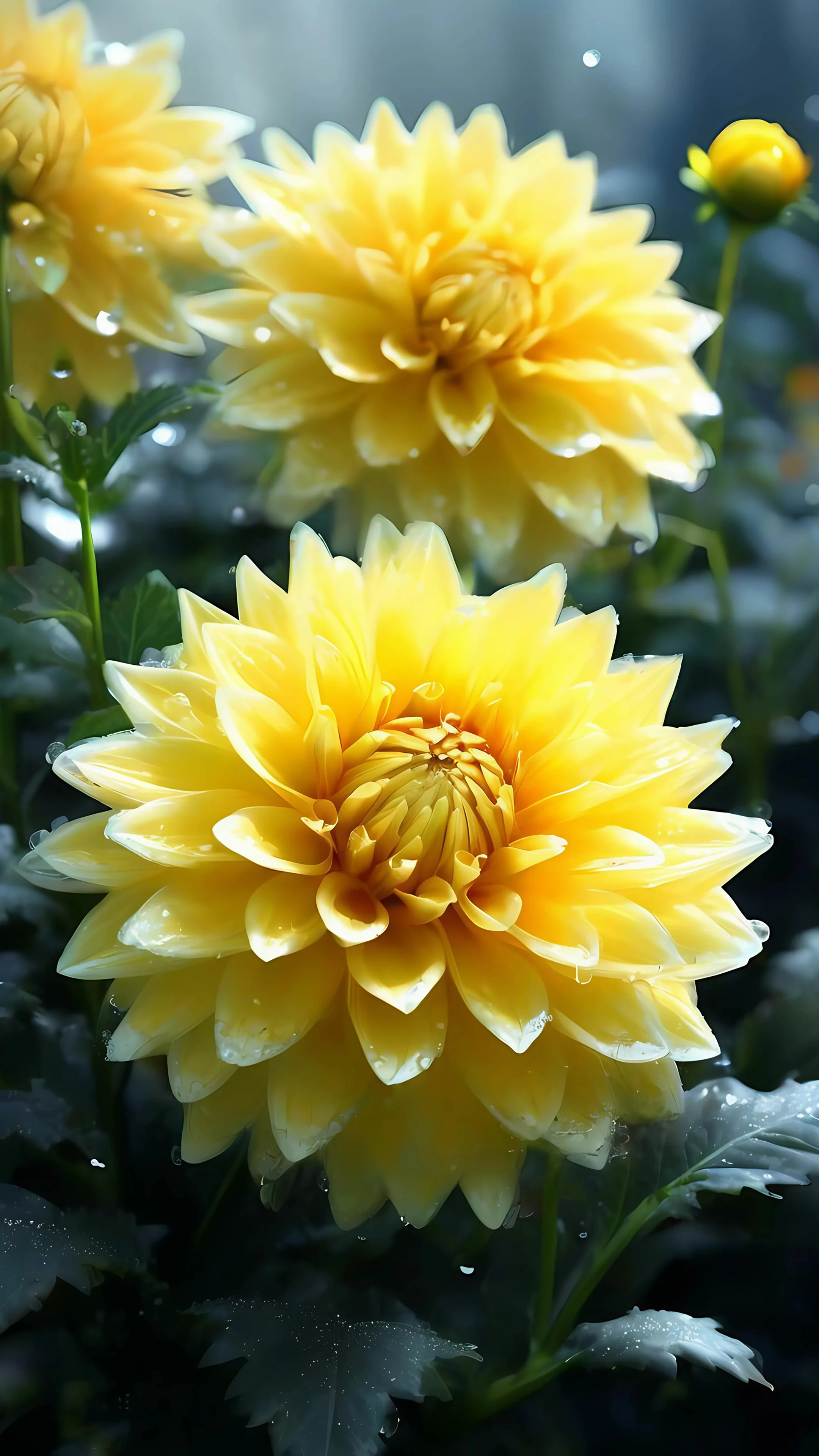 Bright Yellow Dahlia Flowers with Dew