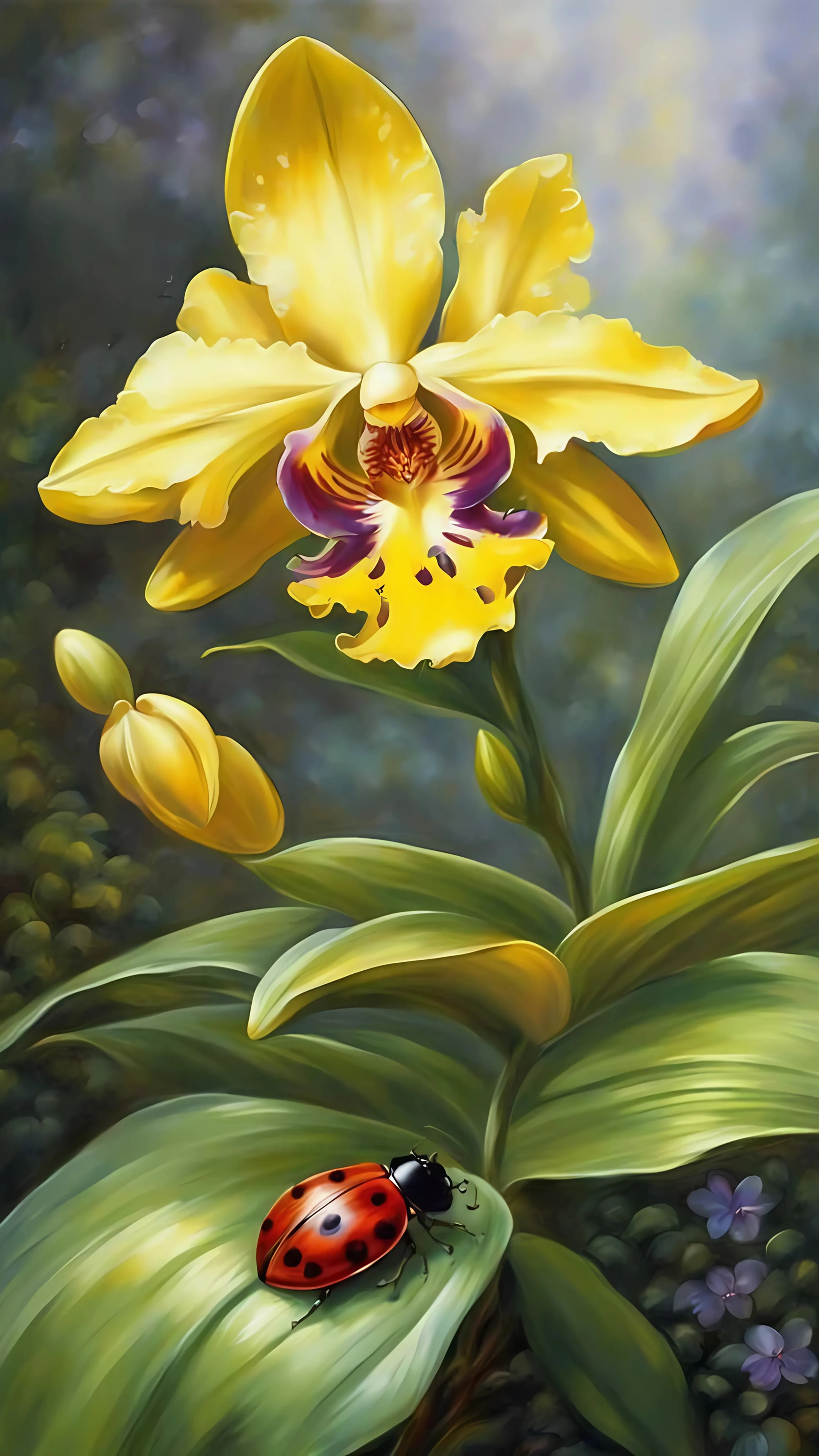 Yellow Orchid Flower with Ladybug