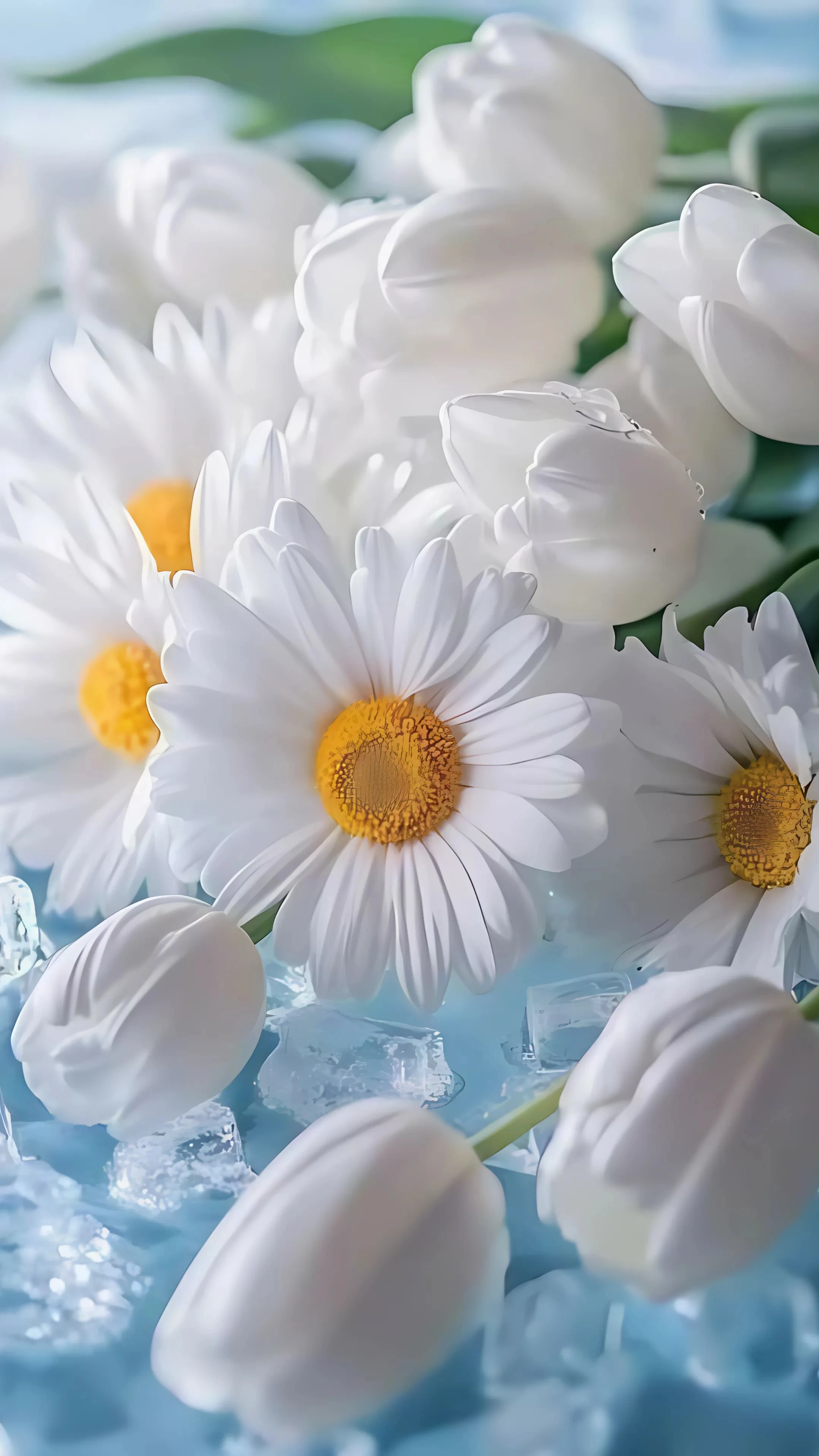 White Daisies and Tulips on Ice Background