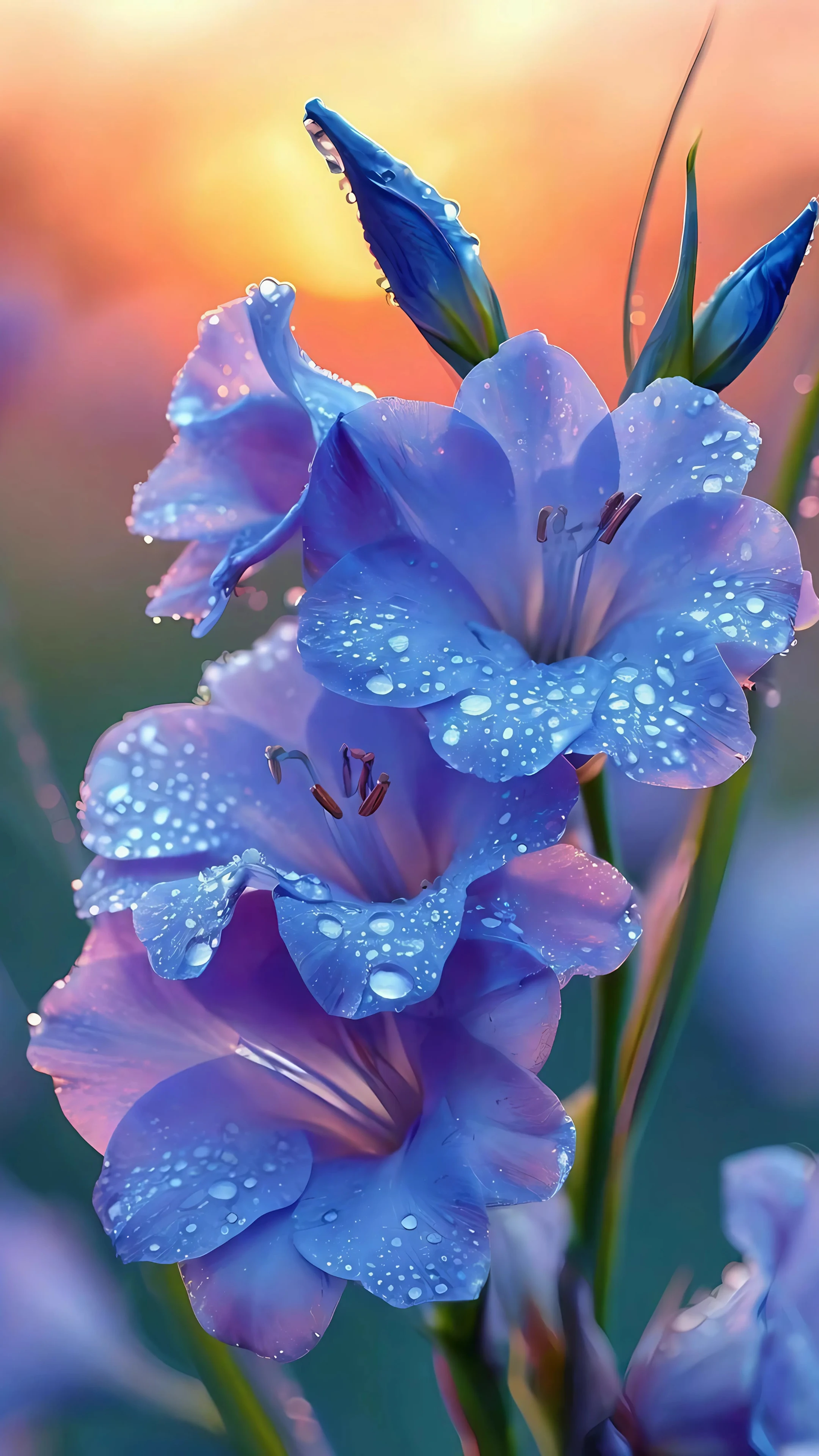 Blue Gladiolus with Dew at Sunrise