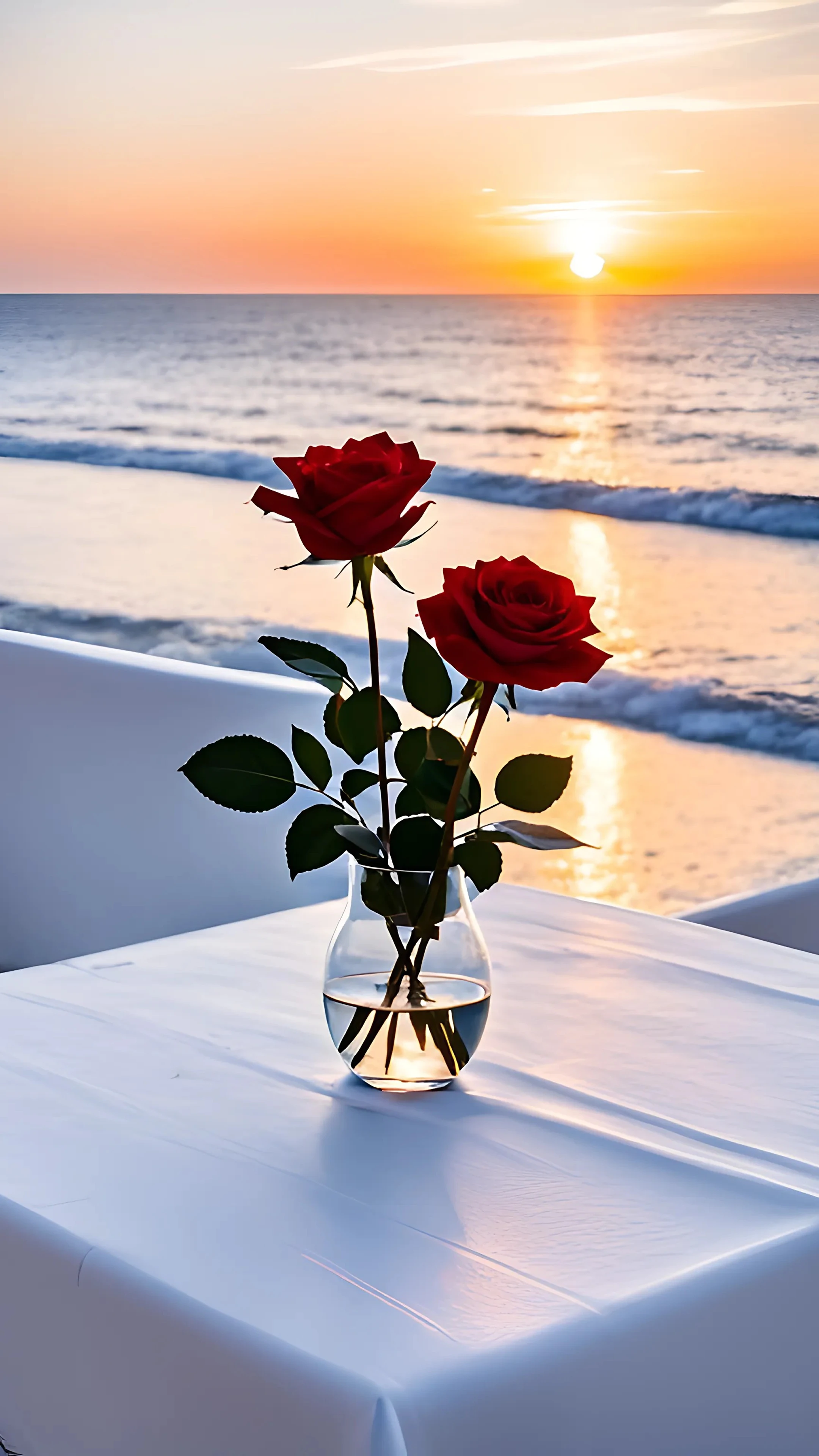 Romantic Red Roses on Beach at Sunset