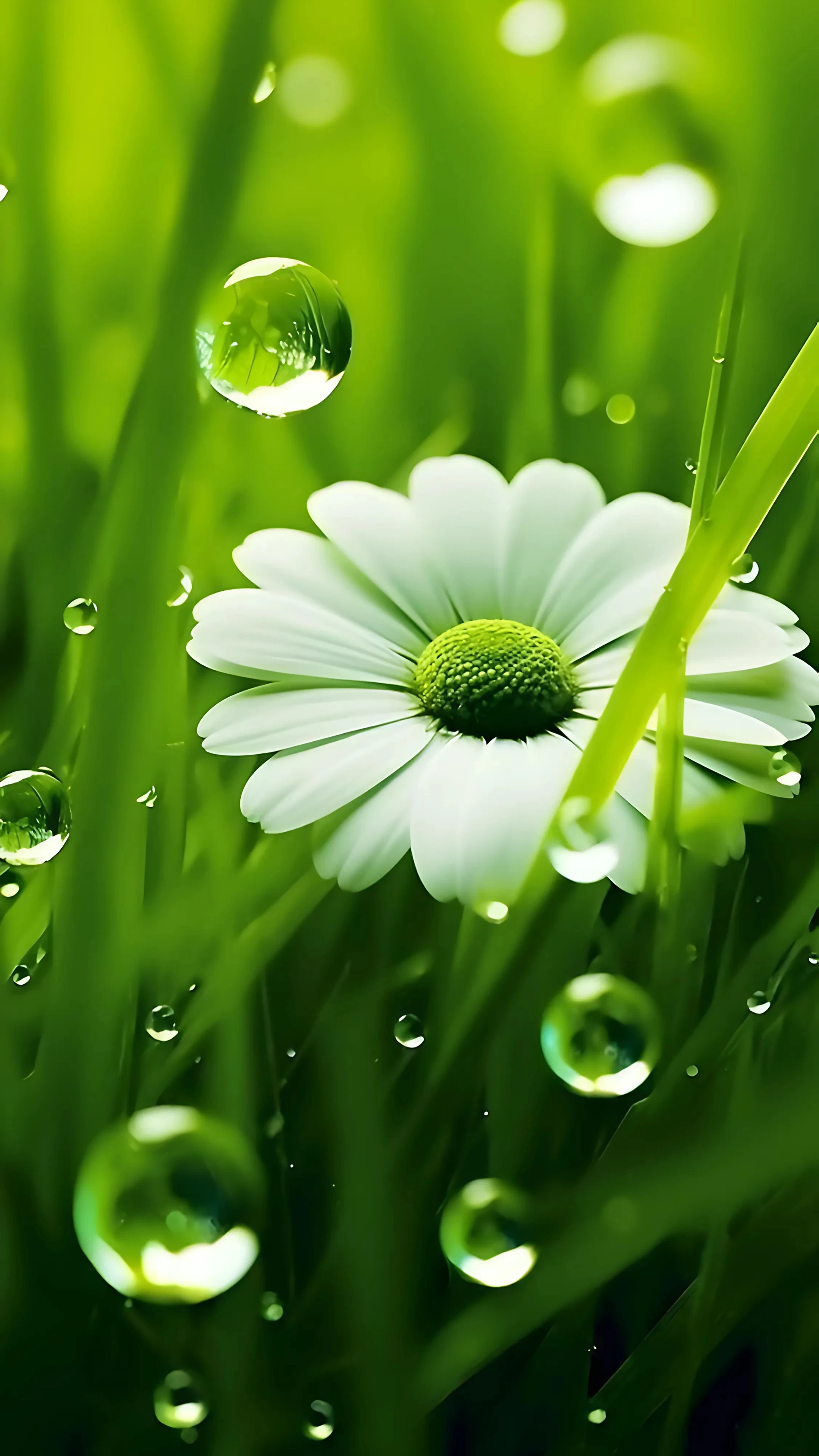 White Daisy with Green Grass and Water Droplets