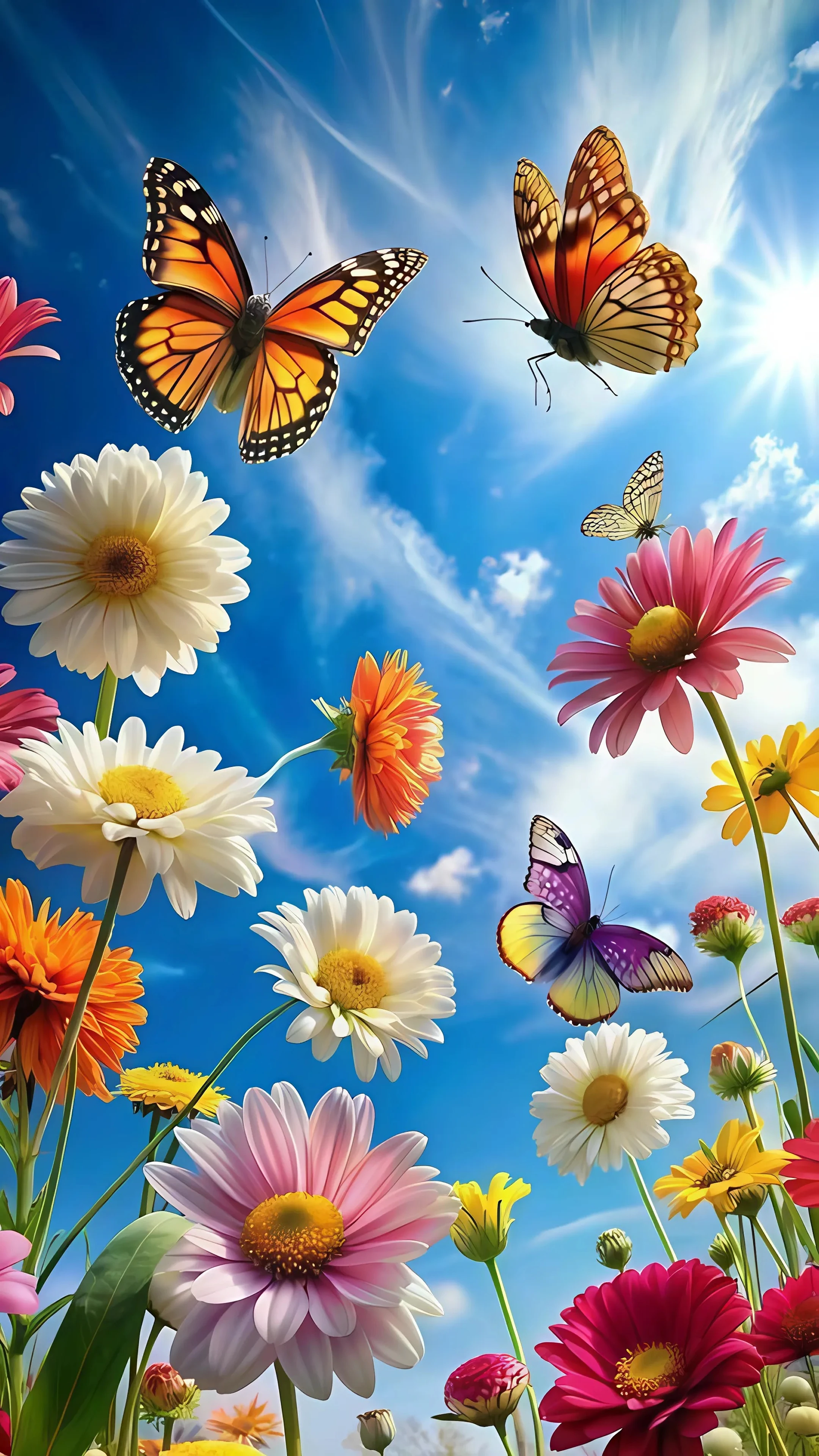 Colorful Daisies and Butterflies under Blue Sky