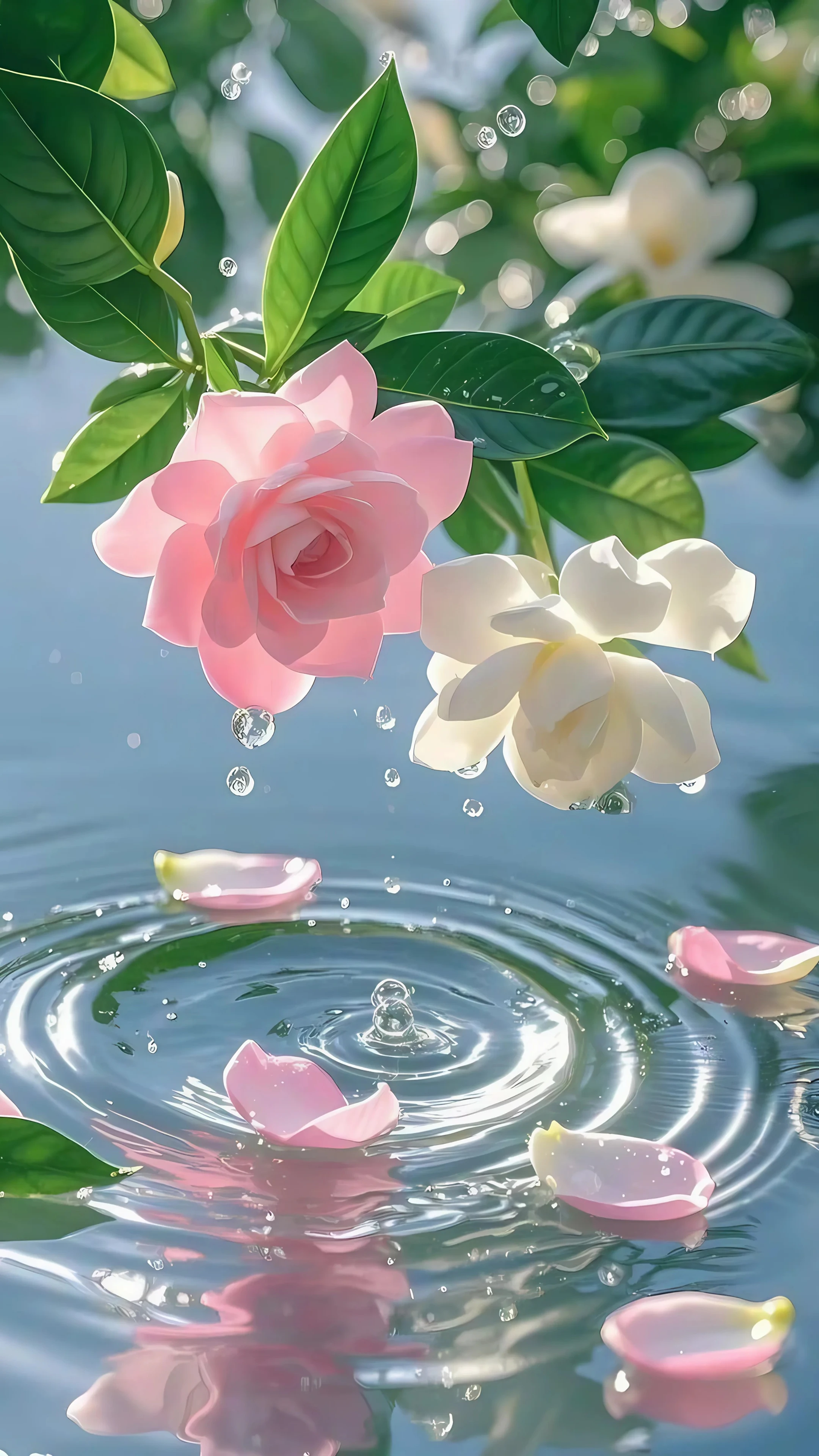 Pink and White Roses with Water Drops