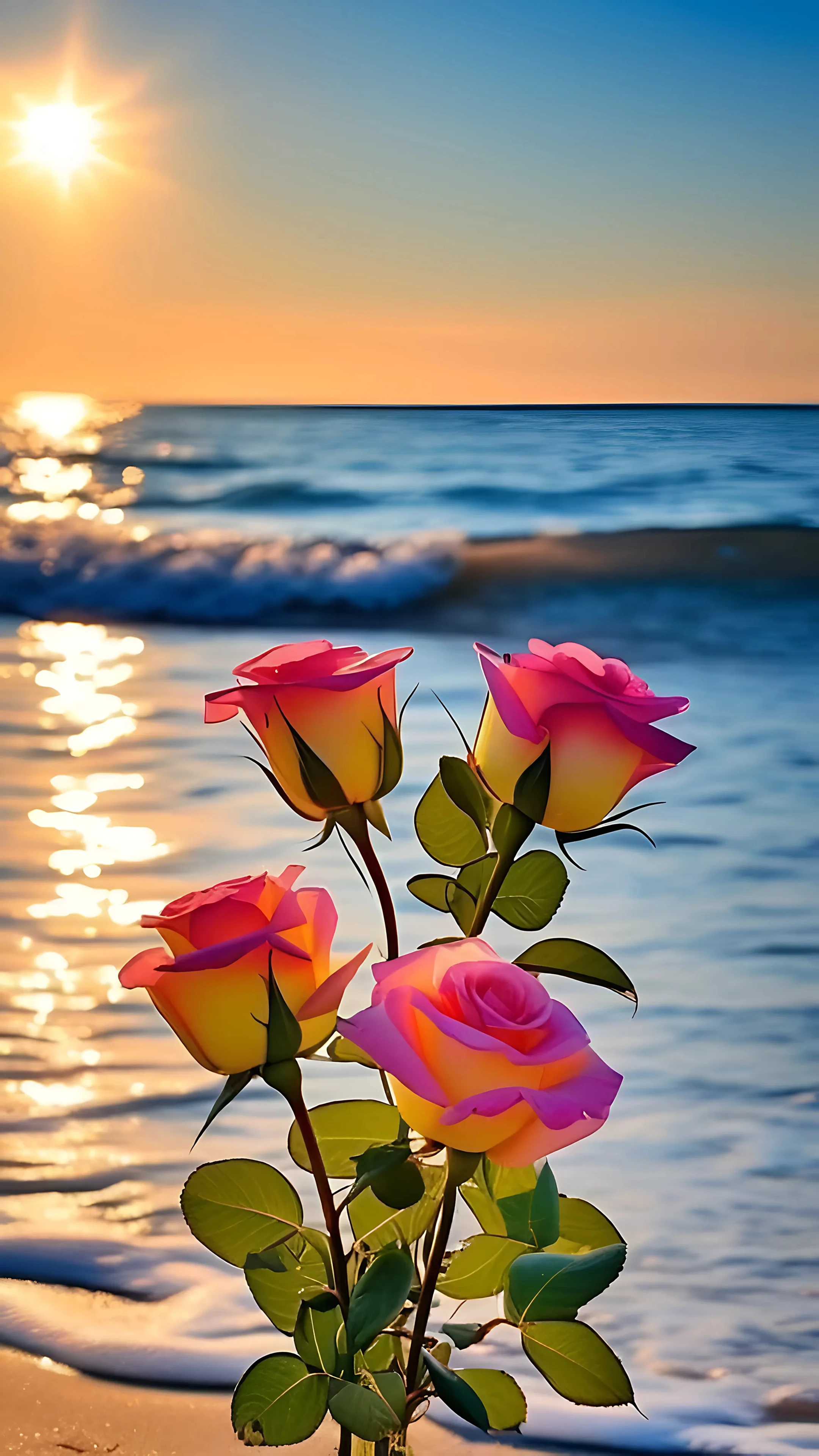 Sunset Roses on Beach with Ocean Waves