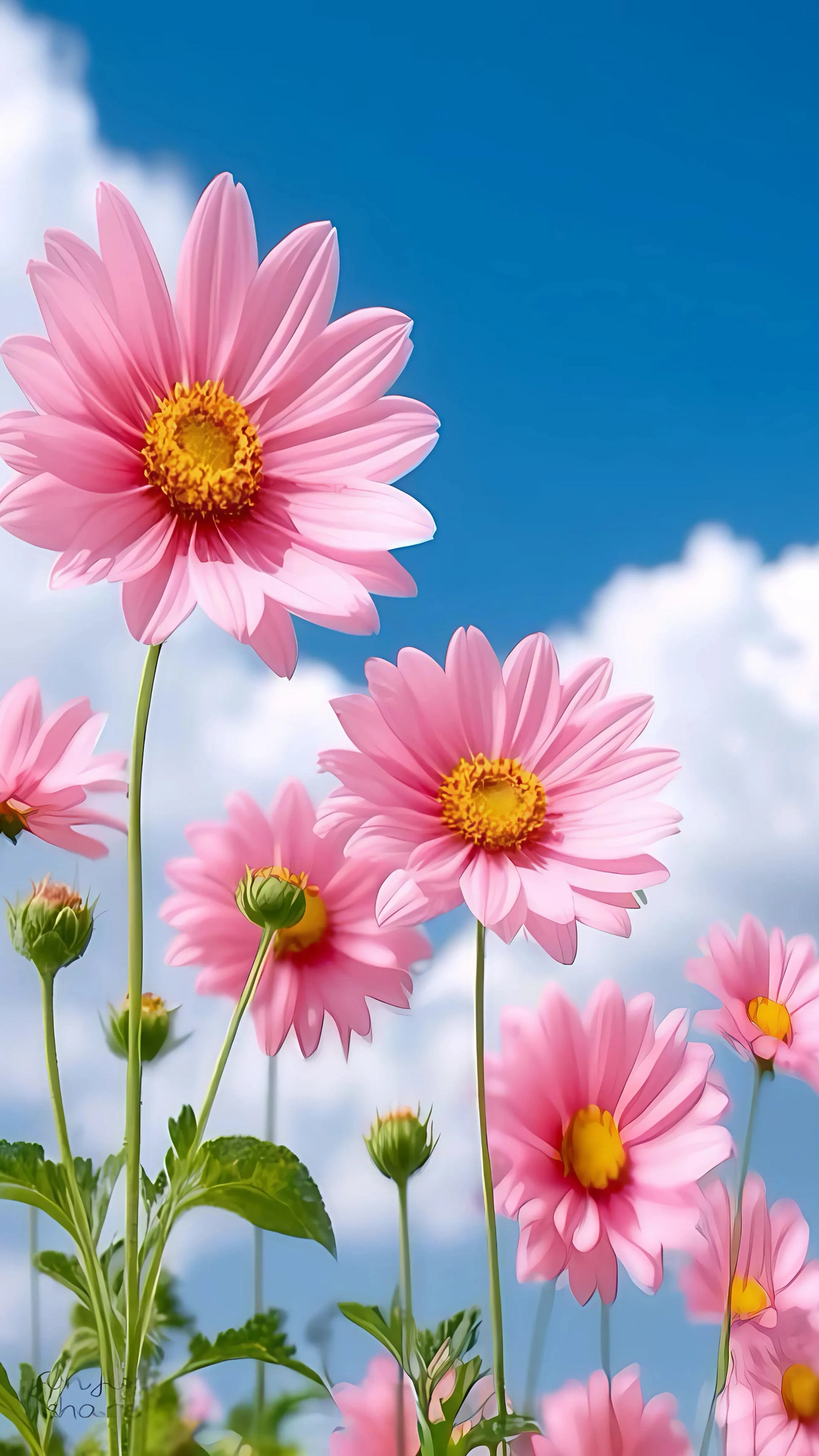 Pink Daisies Under Clear Blue Sky