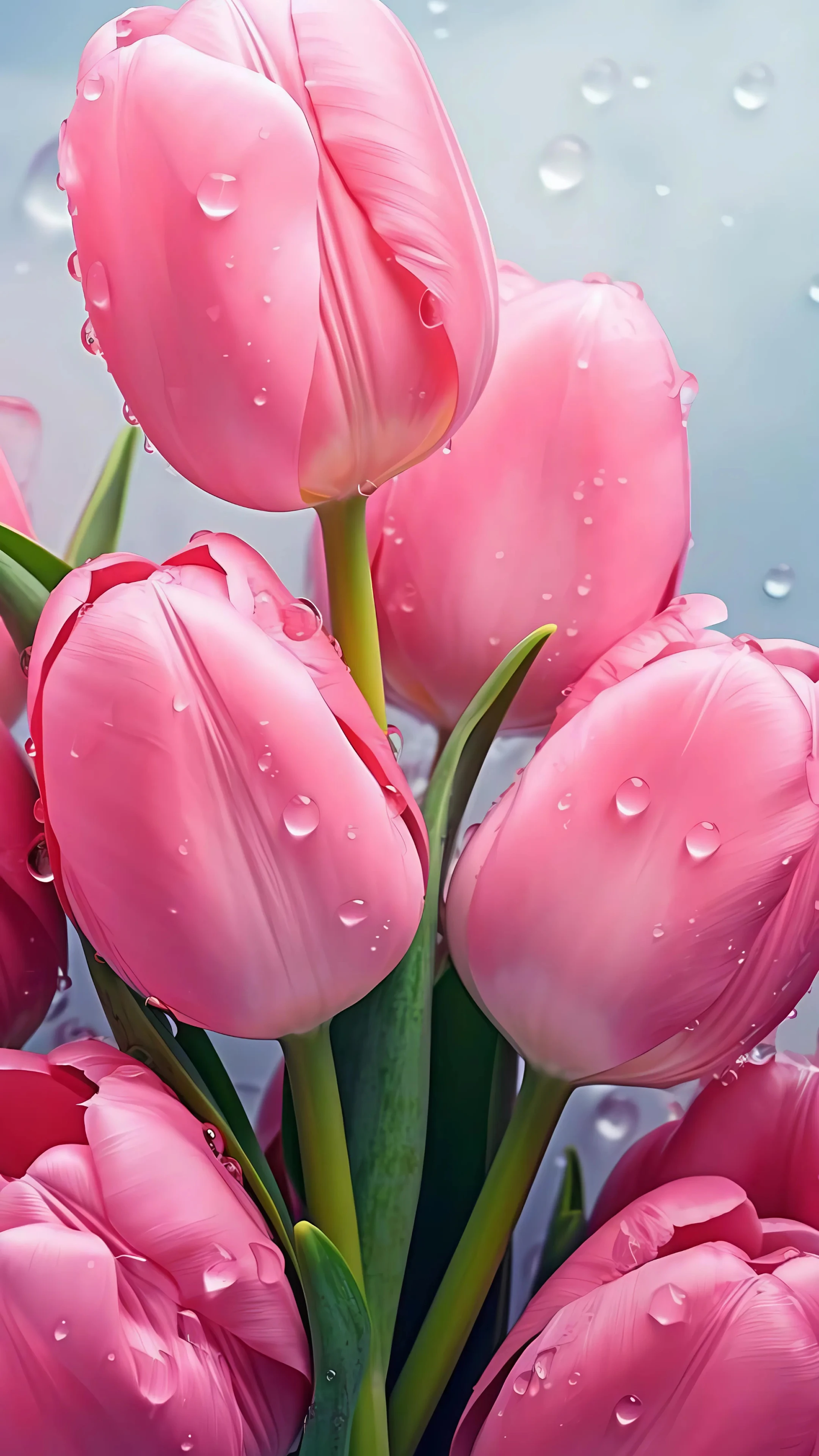 Fresh Pink Tulips with Dew Drops