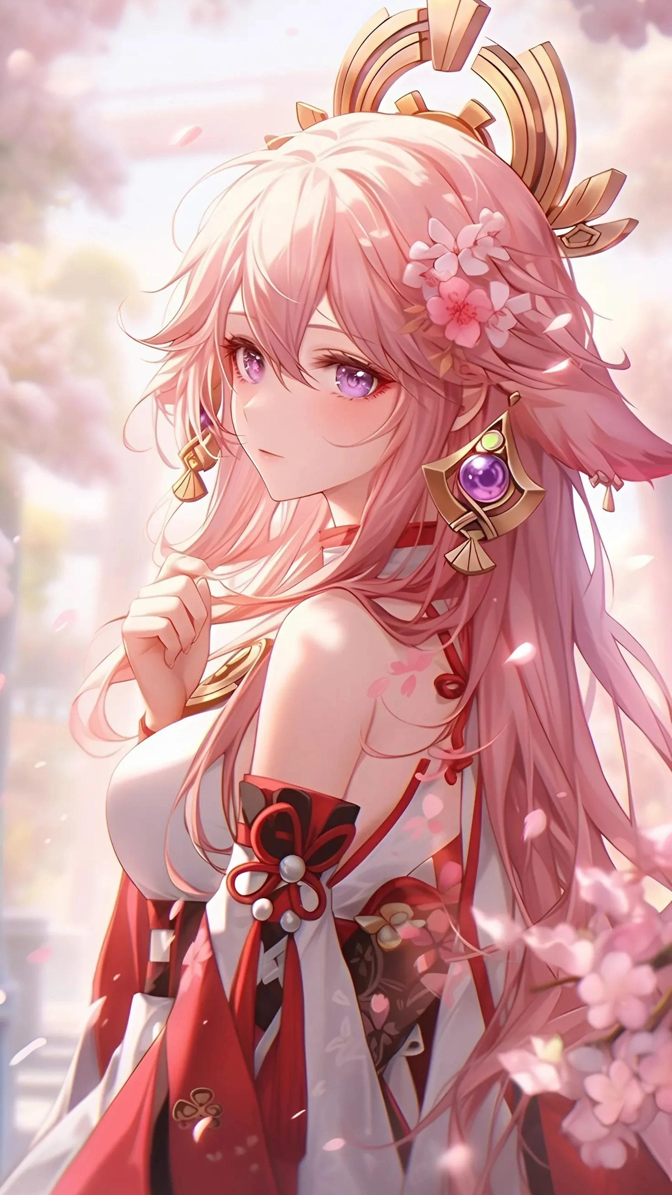 Elegant Anime Girl with Pink Hair and Sakura Flowers