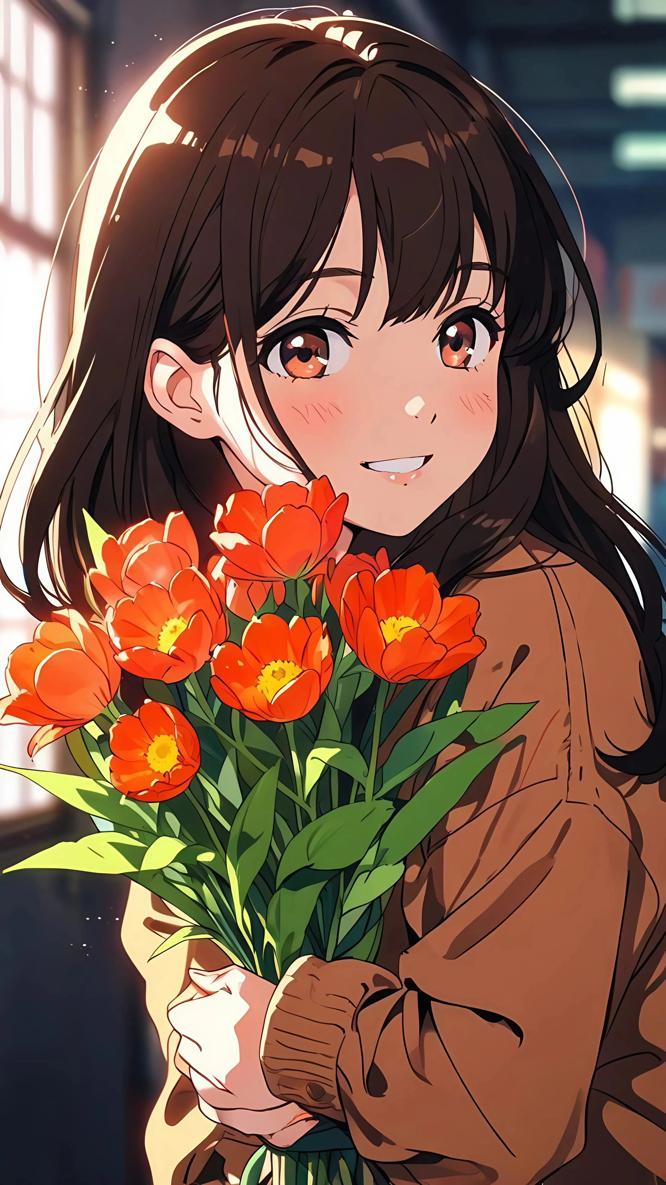 Cute Anime Girl Holding a Bouquet of Red Flowers
