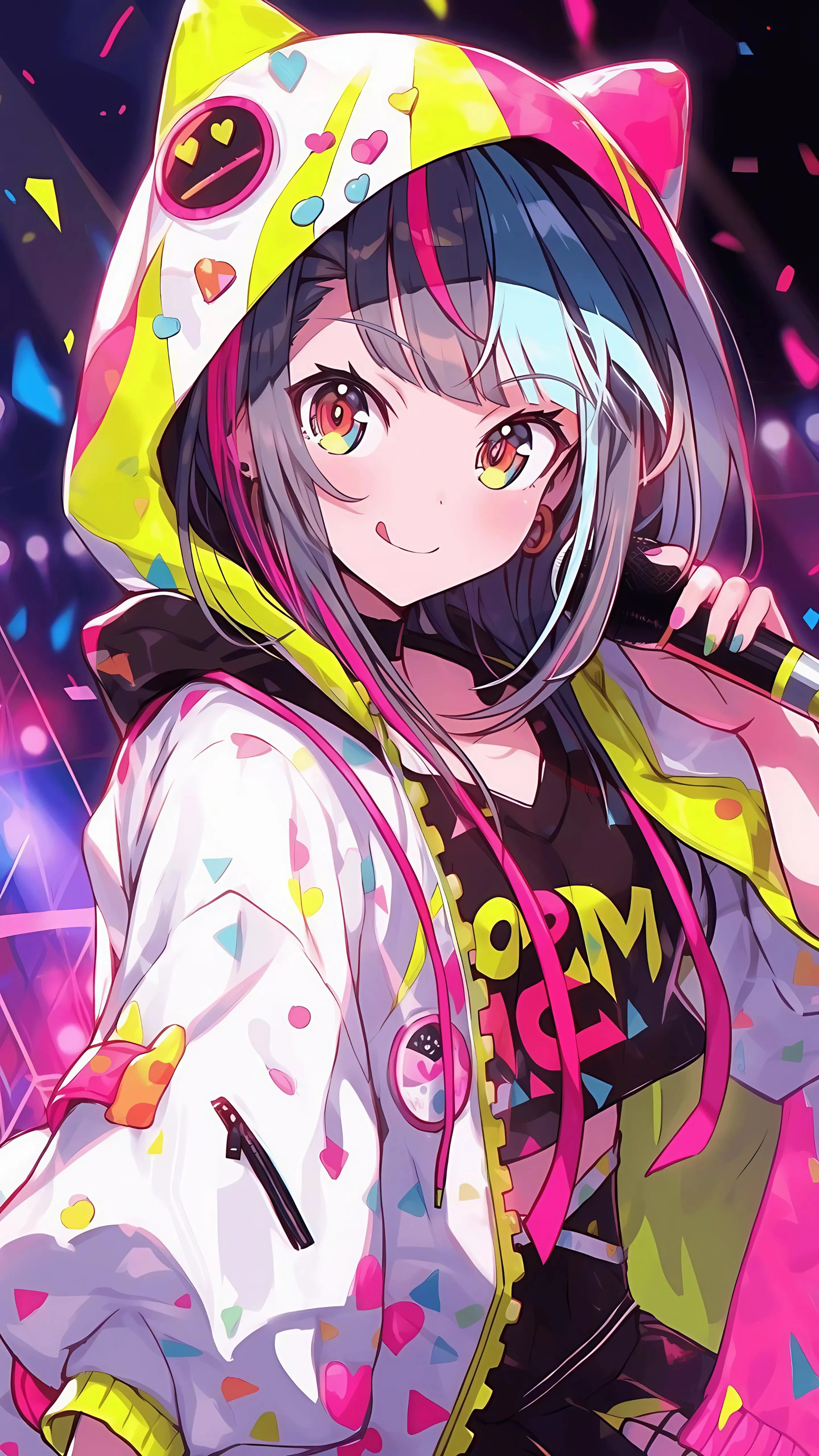 Anime girl in colorful hoodie with microphone