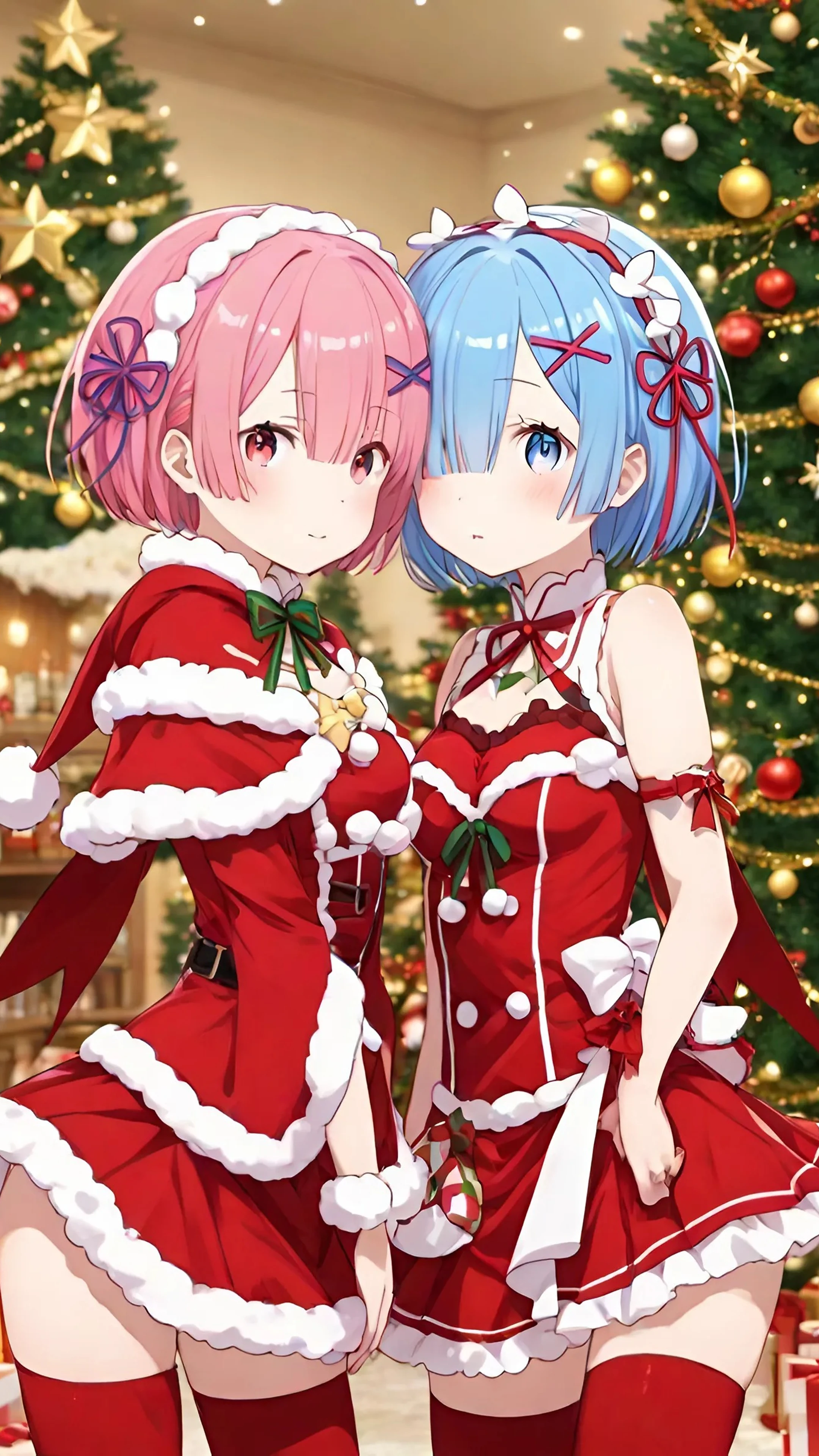 Christmas anime twin girls in Santa outfits