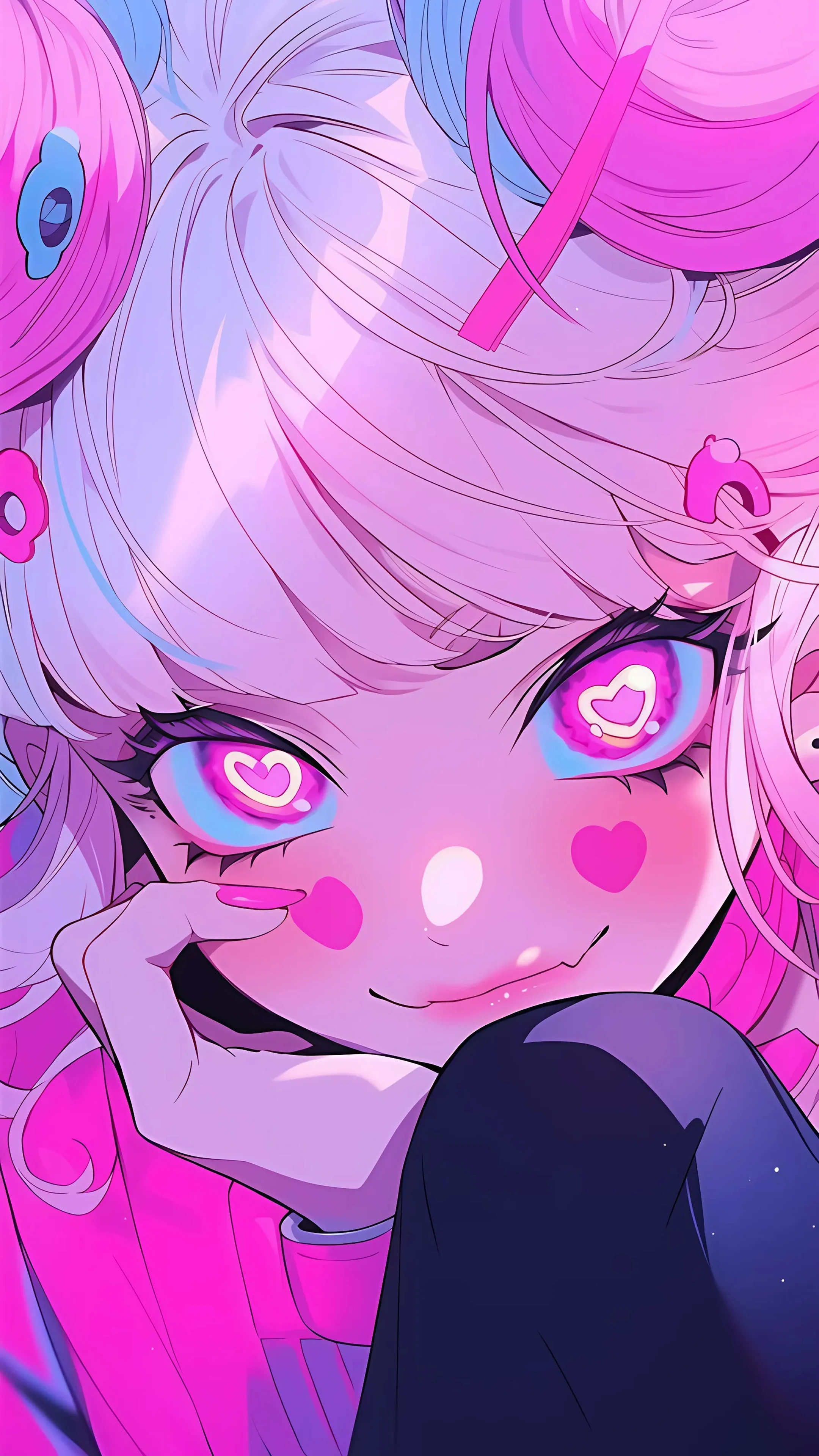 Psychedelic close-up anime girl with heart eyes