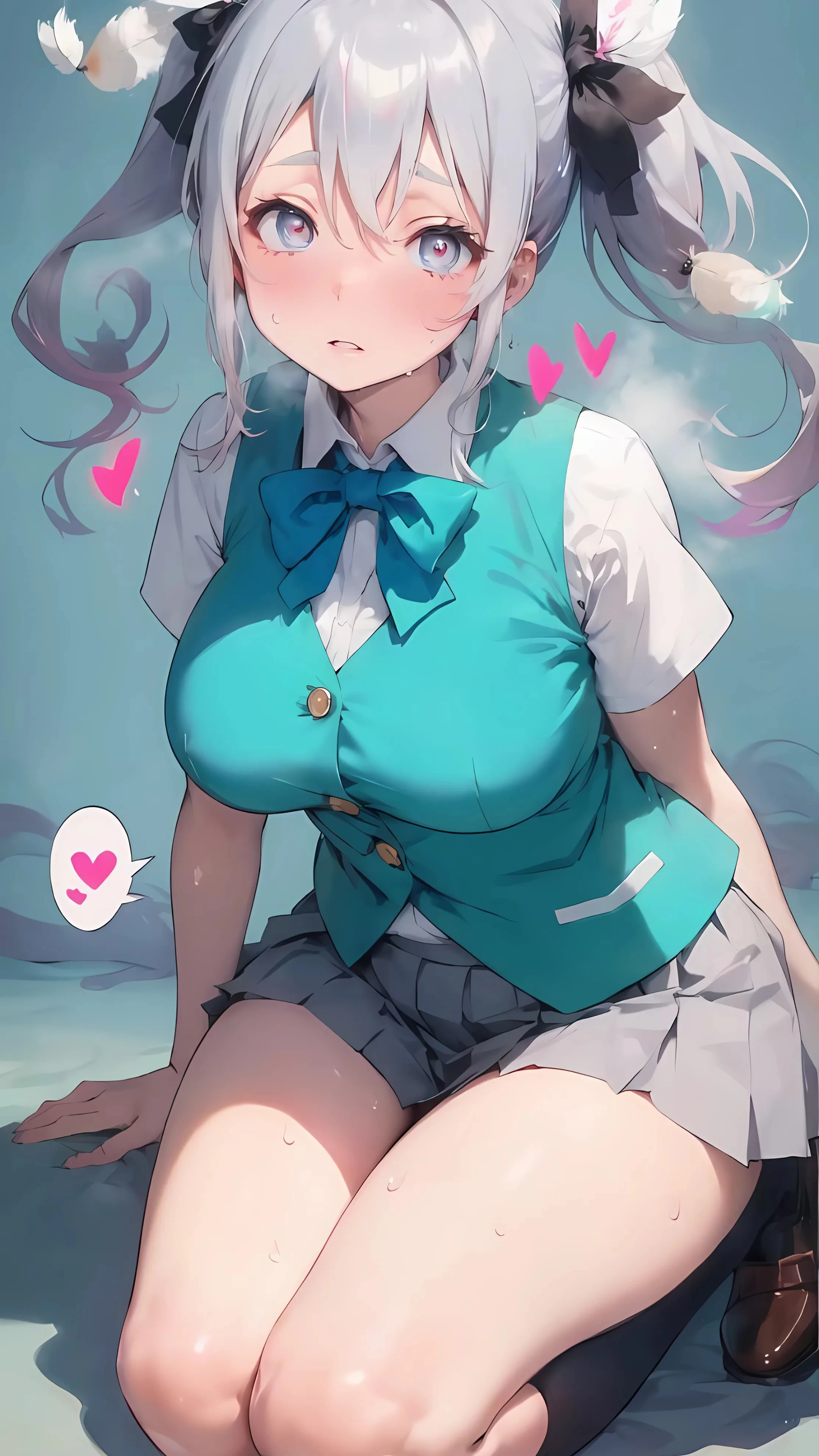 Shy anime girl in school uniform with blue vest
