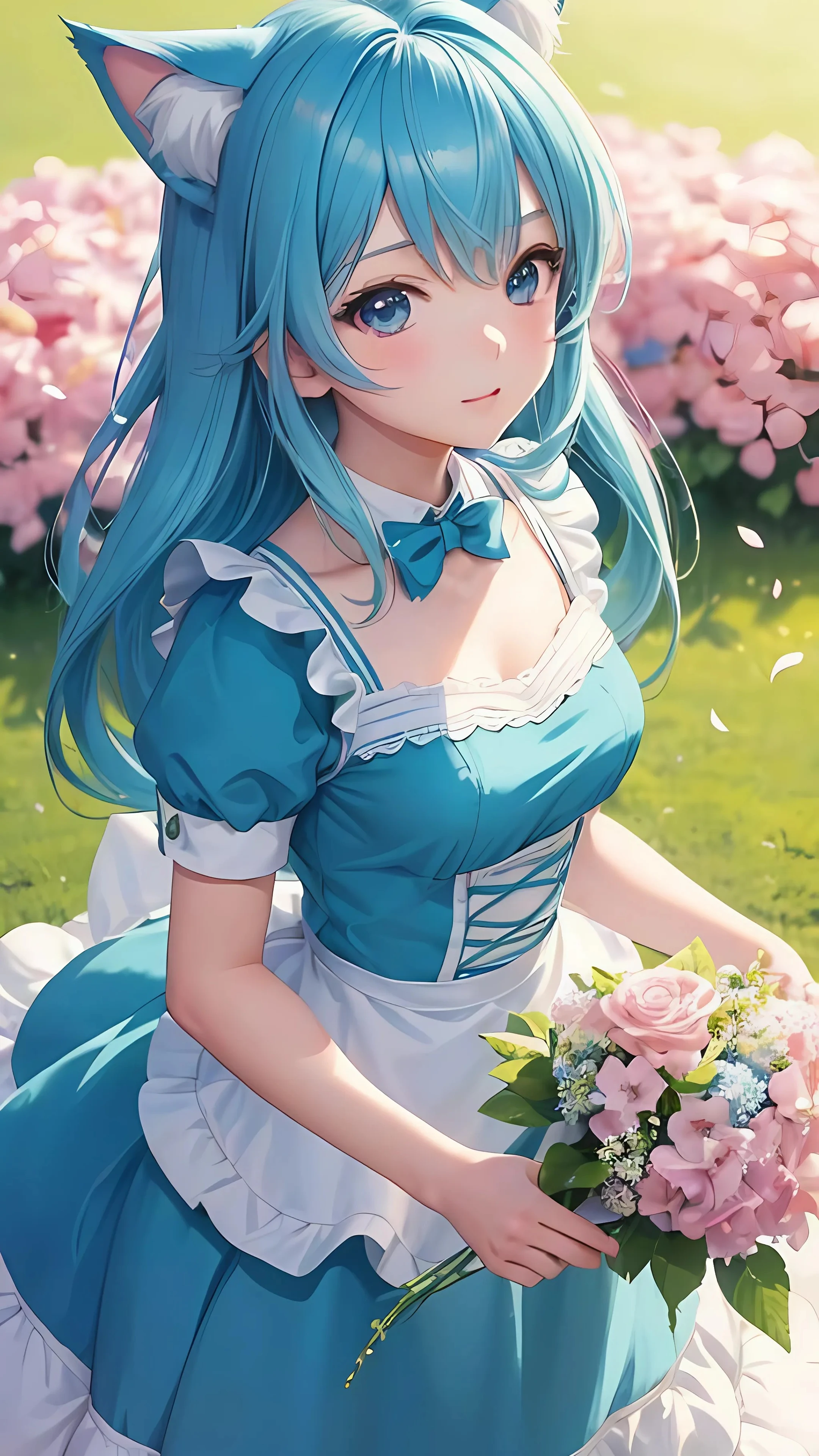 Anime catgirl in blue maid outfit with bouquet