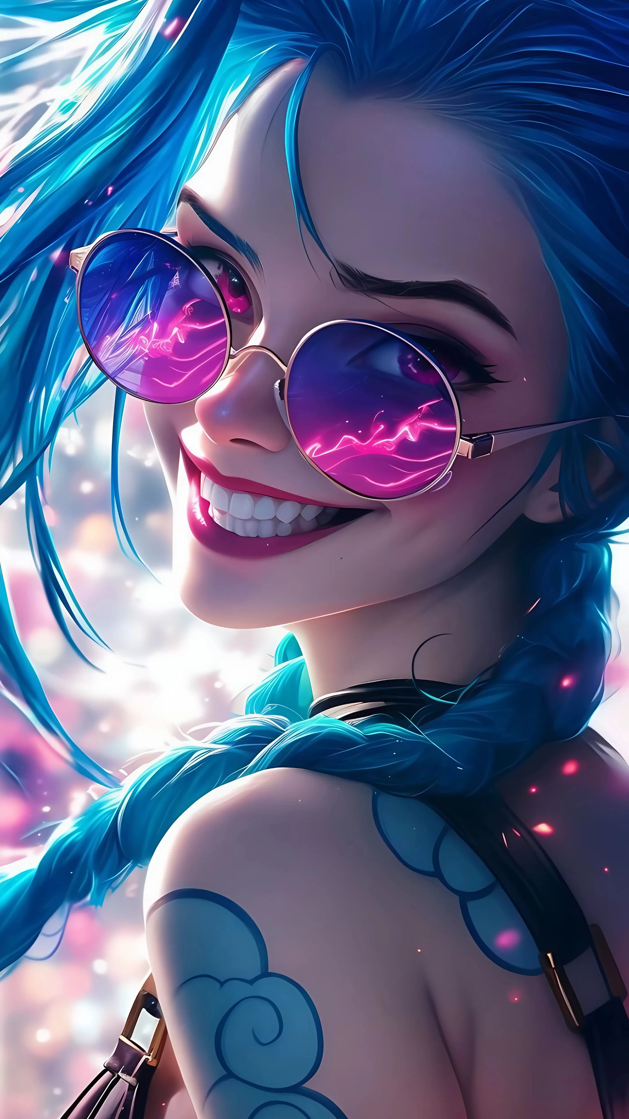 Smiling anime girl with sunglasses and blue hair