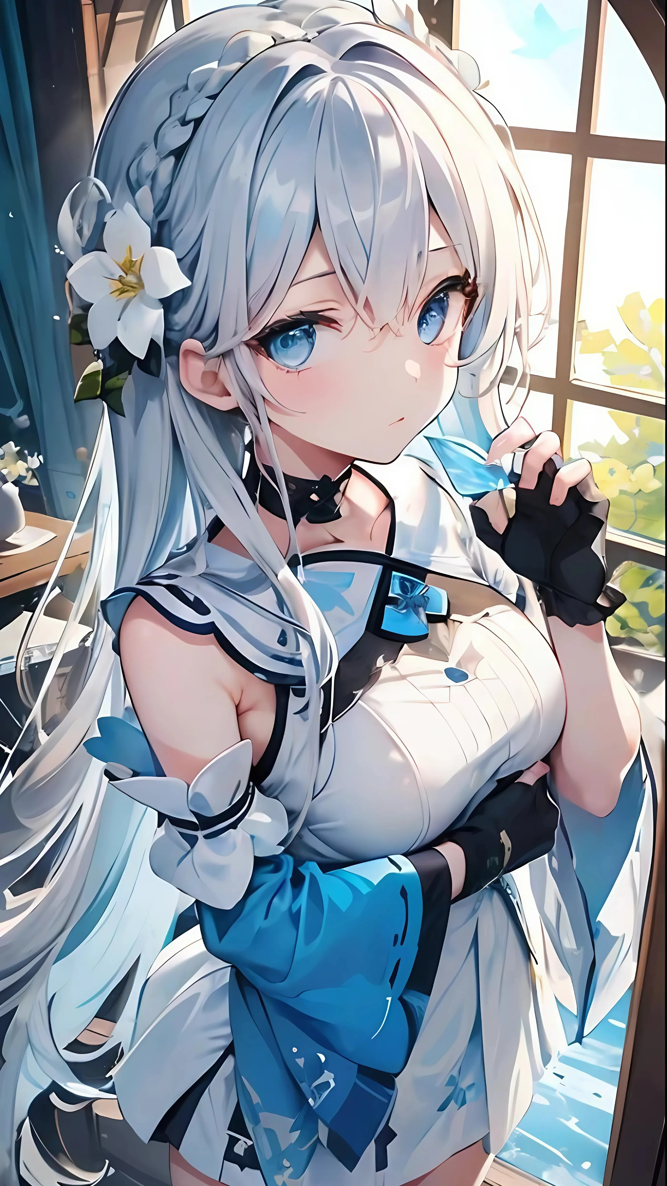 Elegant anime girl with silver hair indoors