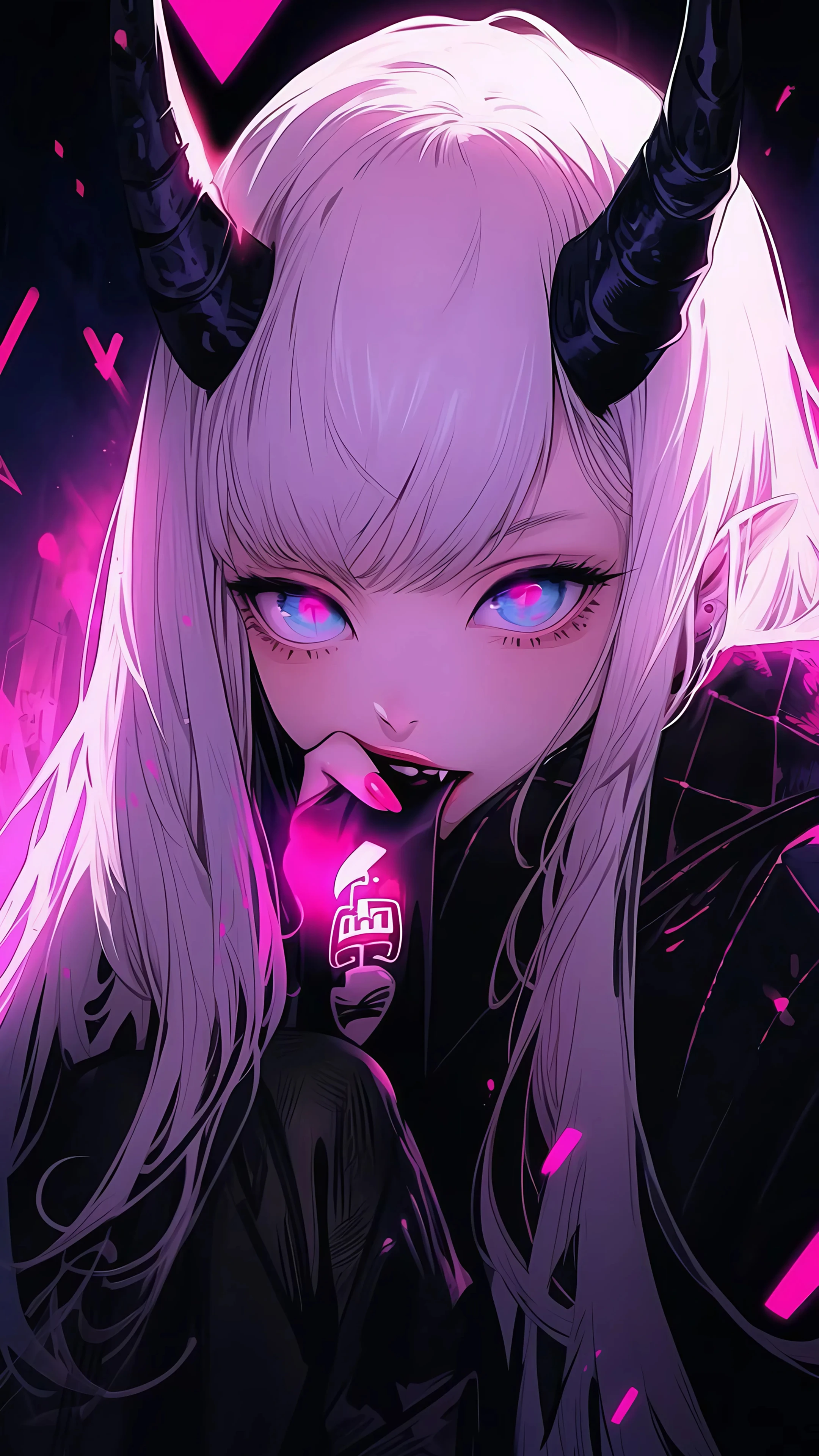 Mysterious anime demon girl with glowing pink eyes