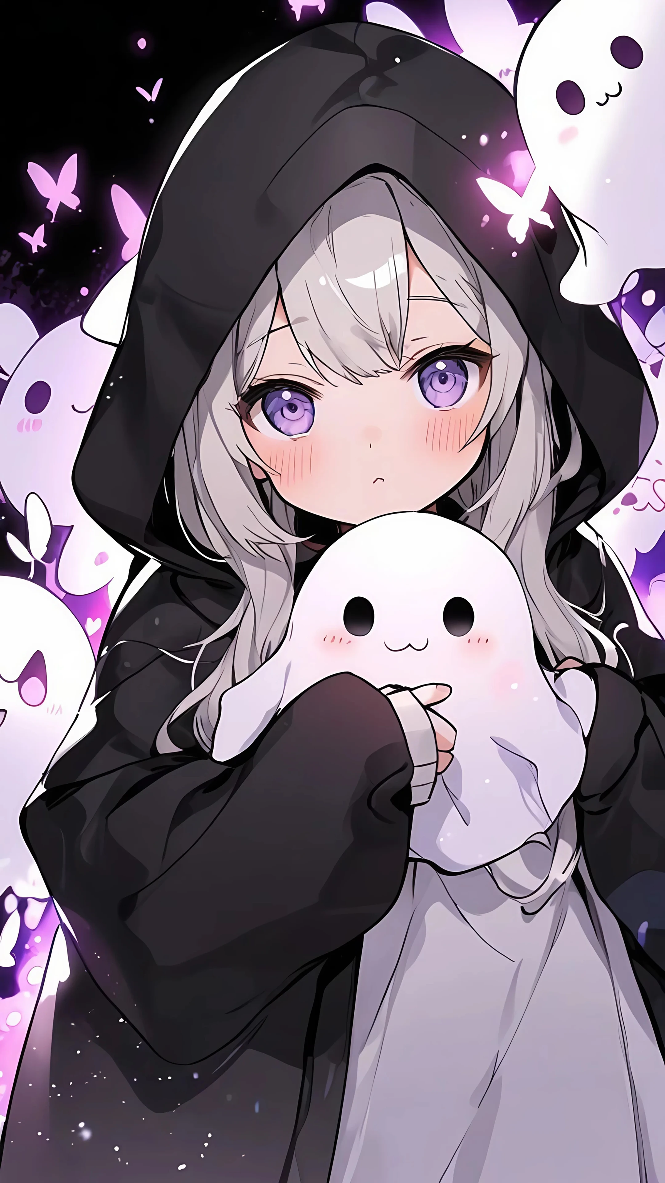 Cute Girl In Black Hoodie With Ghosts