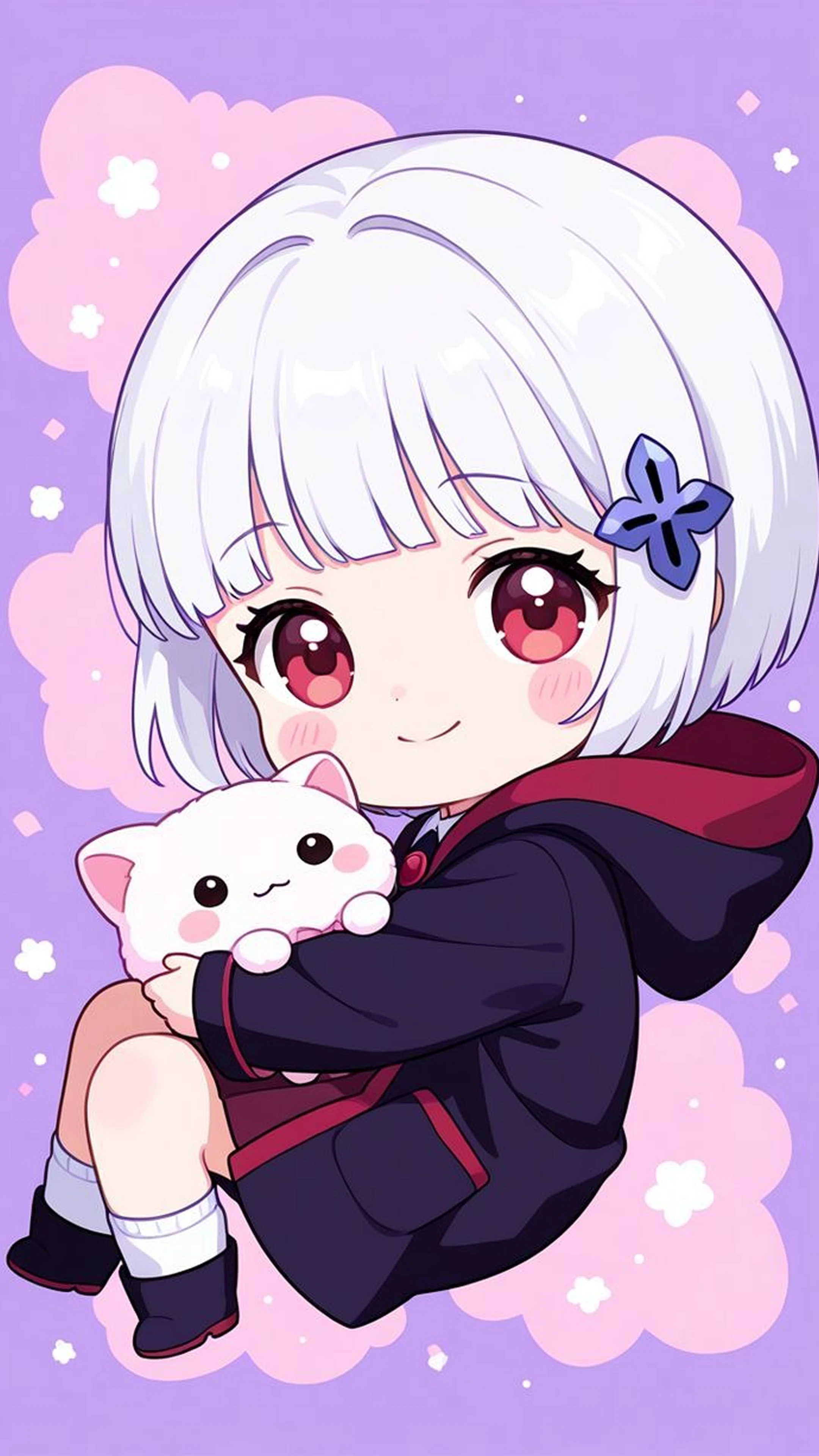 Chibi Anime Girl Hugging Cat Plushie