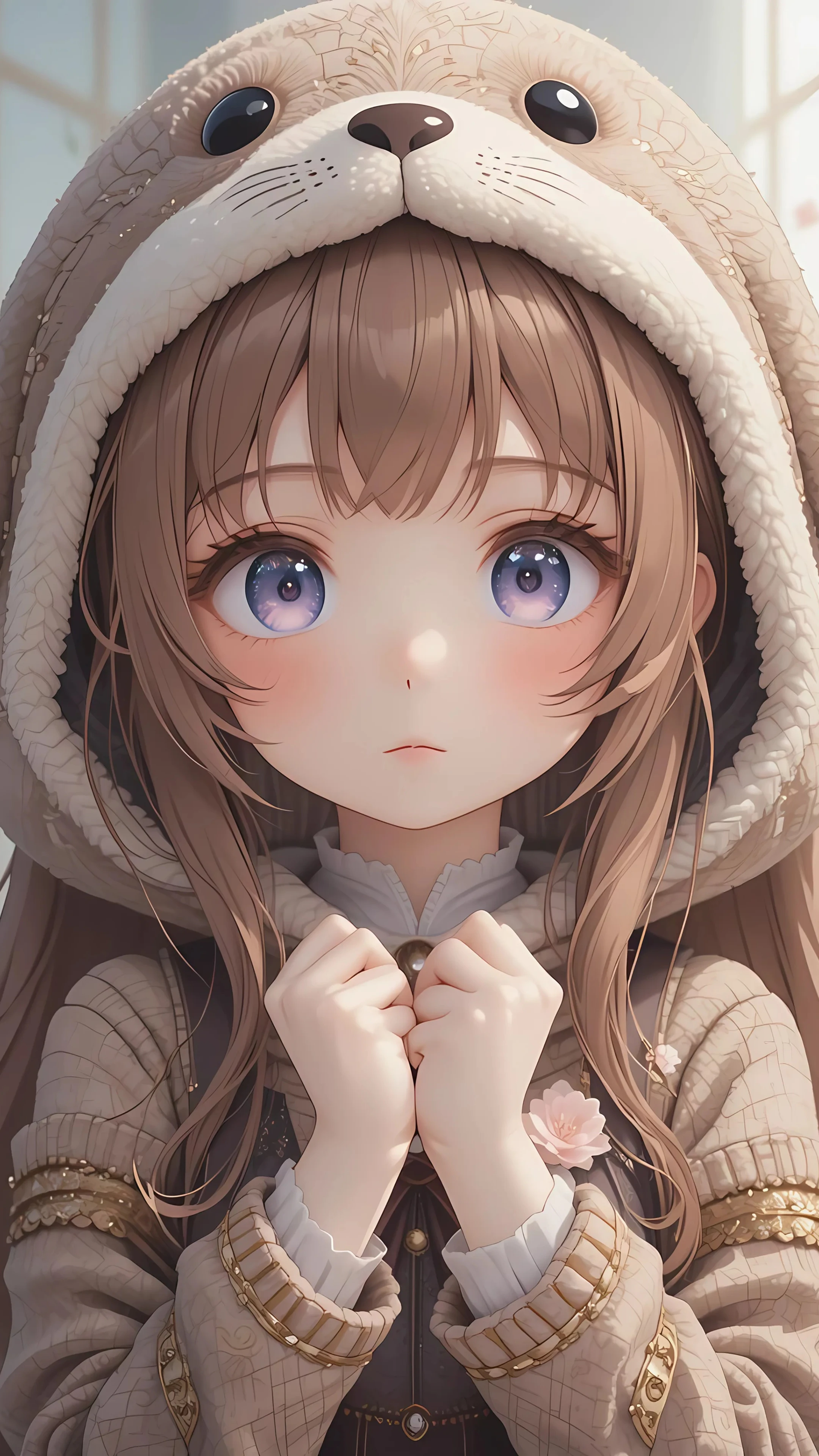 Cute Anime Girl in Animal Hoodie with Big Eyes