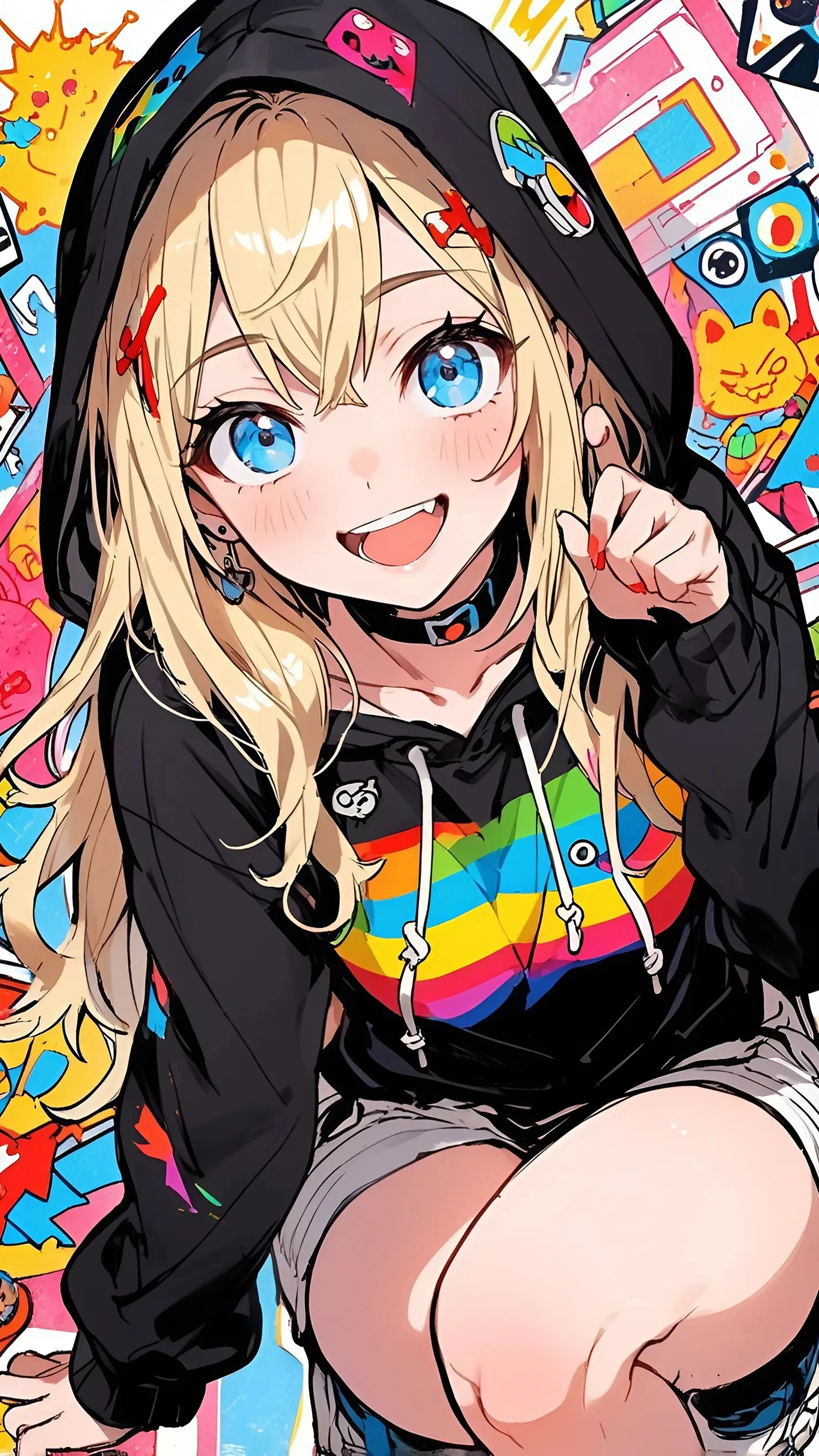 Blonde Anime Girl in Colorful Hoodie with Fun Expressions