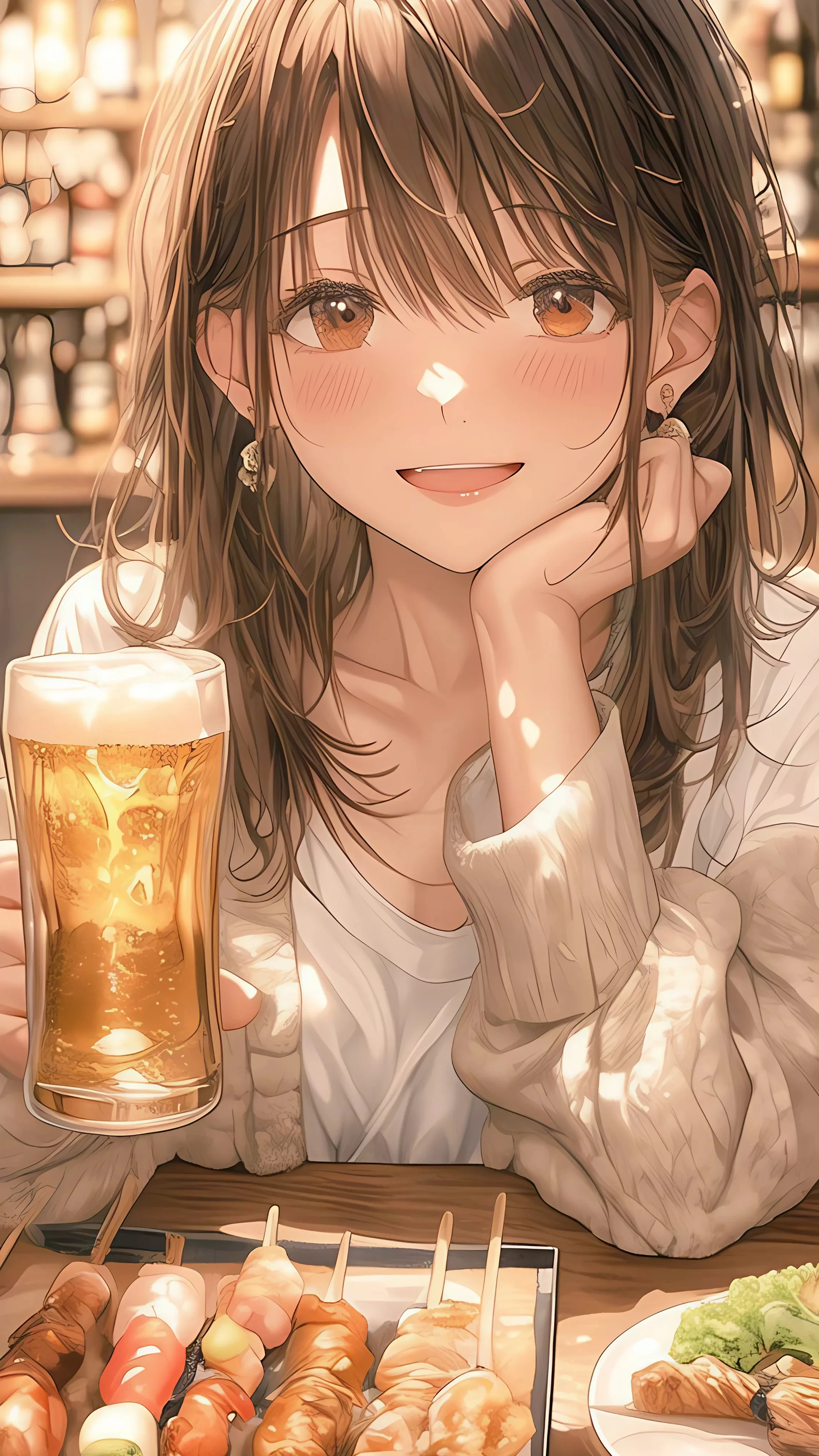 Anime Girl Enjoying Beer at Cozy Izakaya
