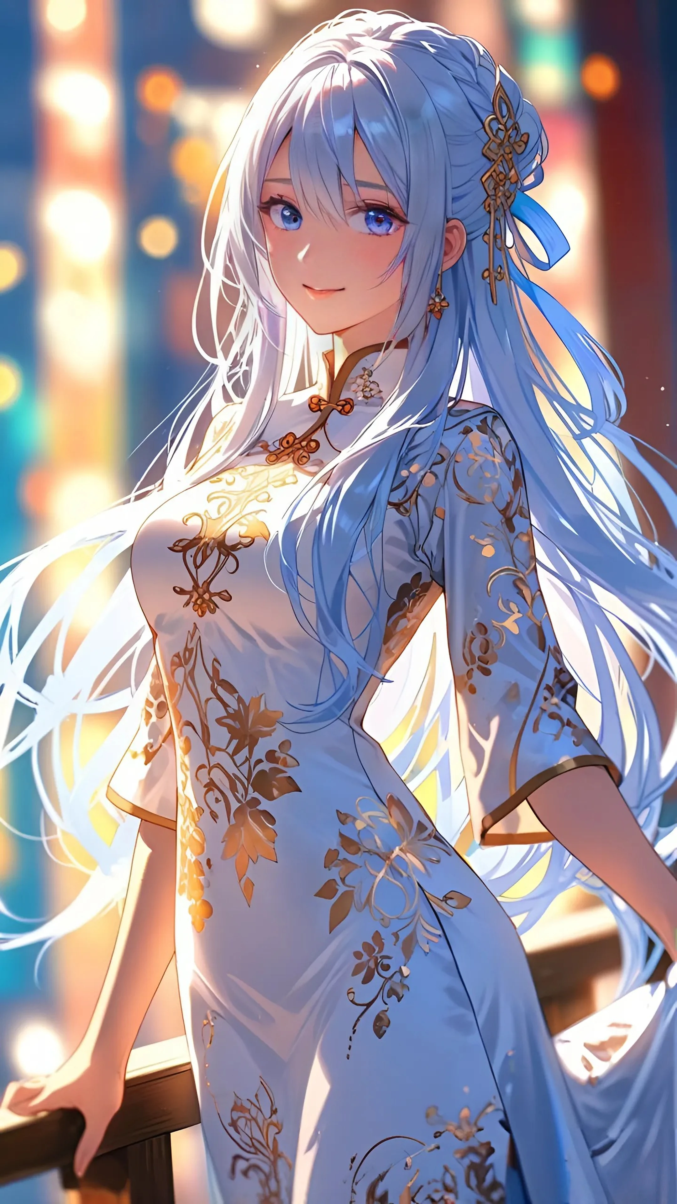 Elegant White-Haired Girl in Traditional Dress