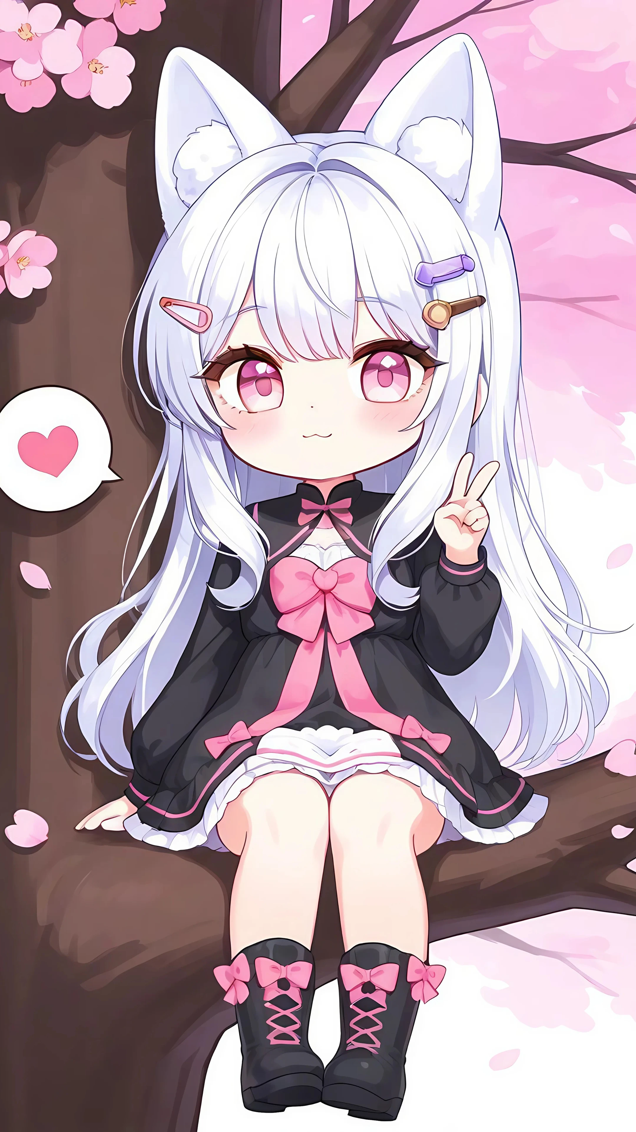 Cute Chibi Cat-Eared Girl with Pink Bows