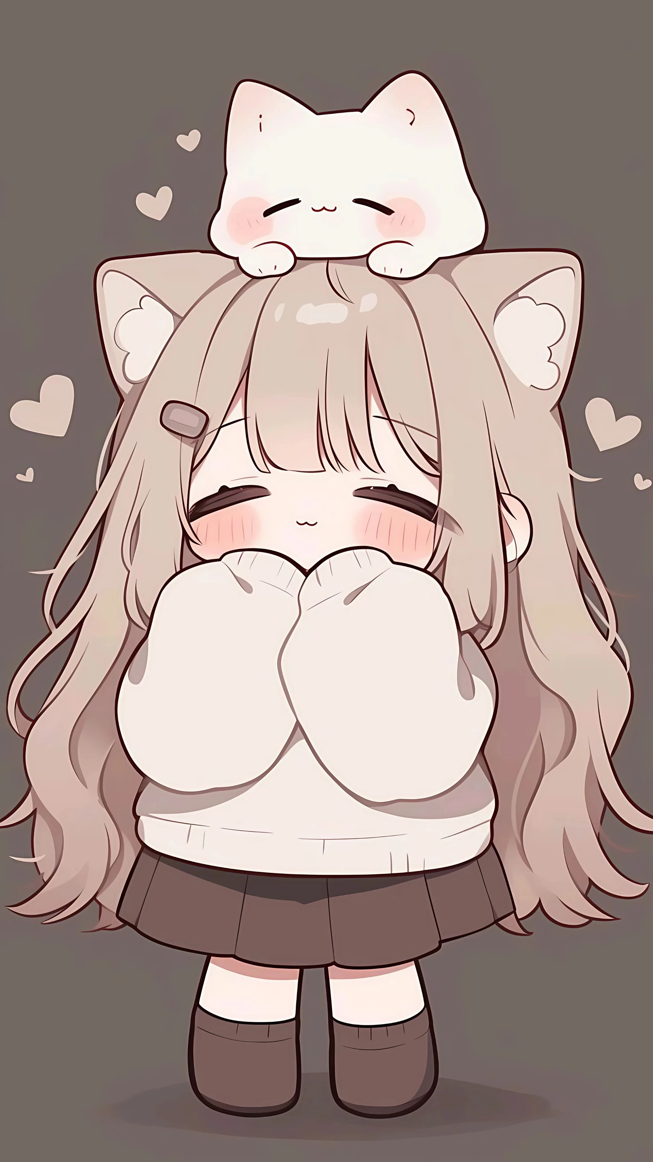Chibi Girl with Cat on Head in Cozy Outfit