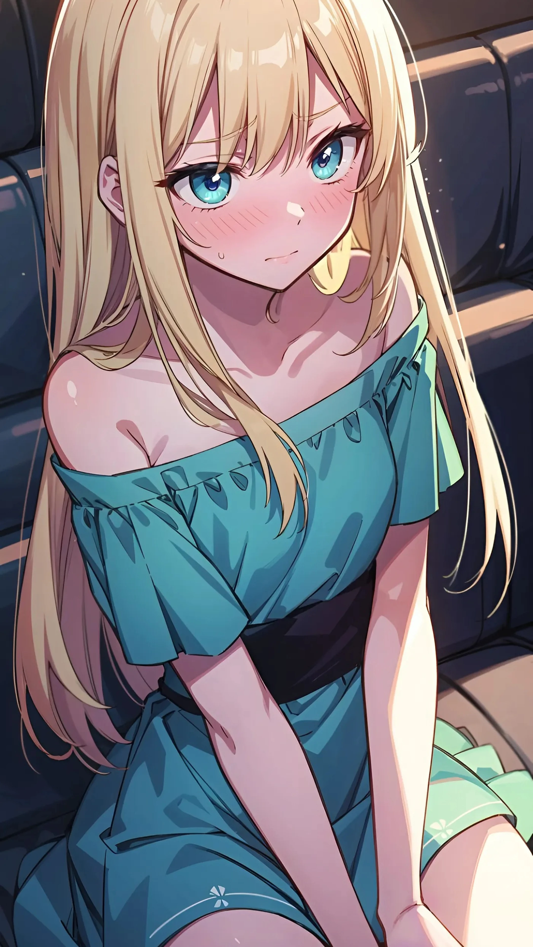 Blonde Anime Girl Blushing in Blue Dress