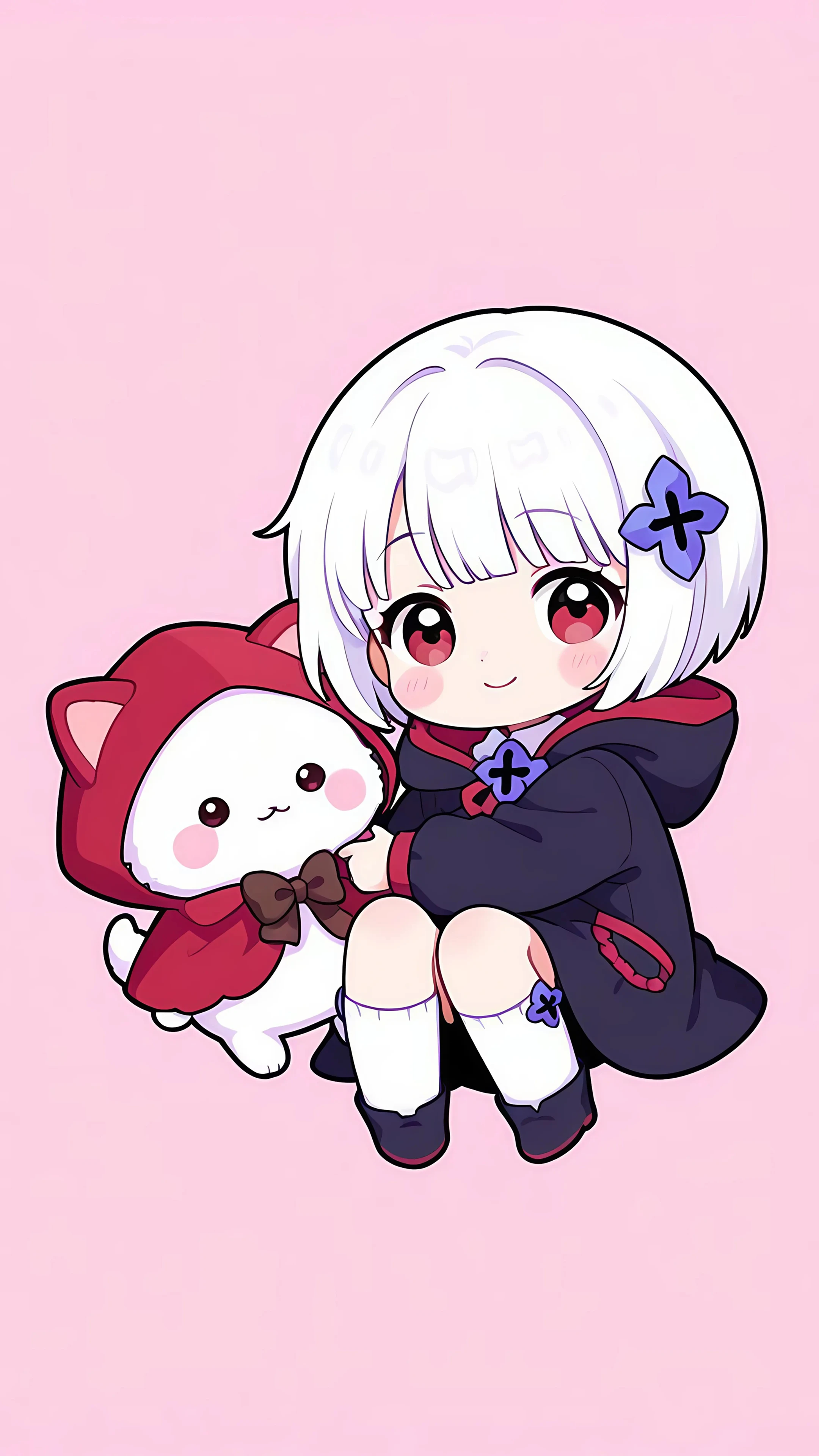 Cute Chibi Girl with Cat Hoodie and Friend