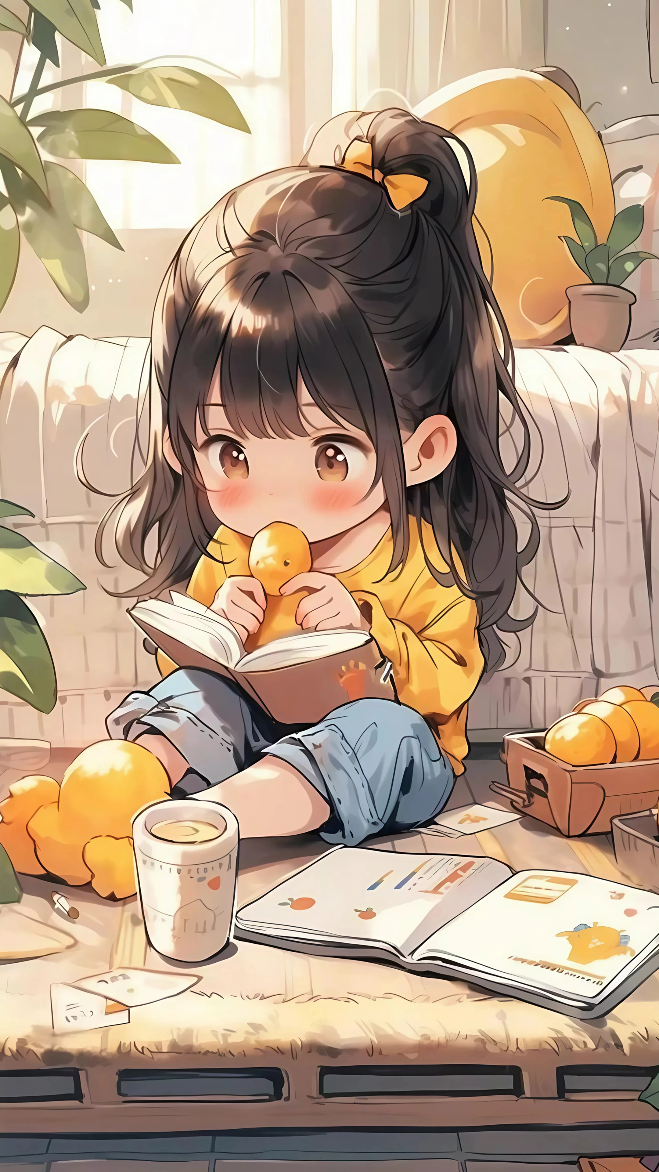 Chibi Girl Reading Book with Oranges