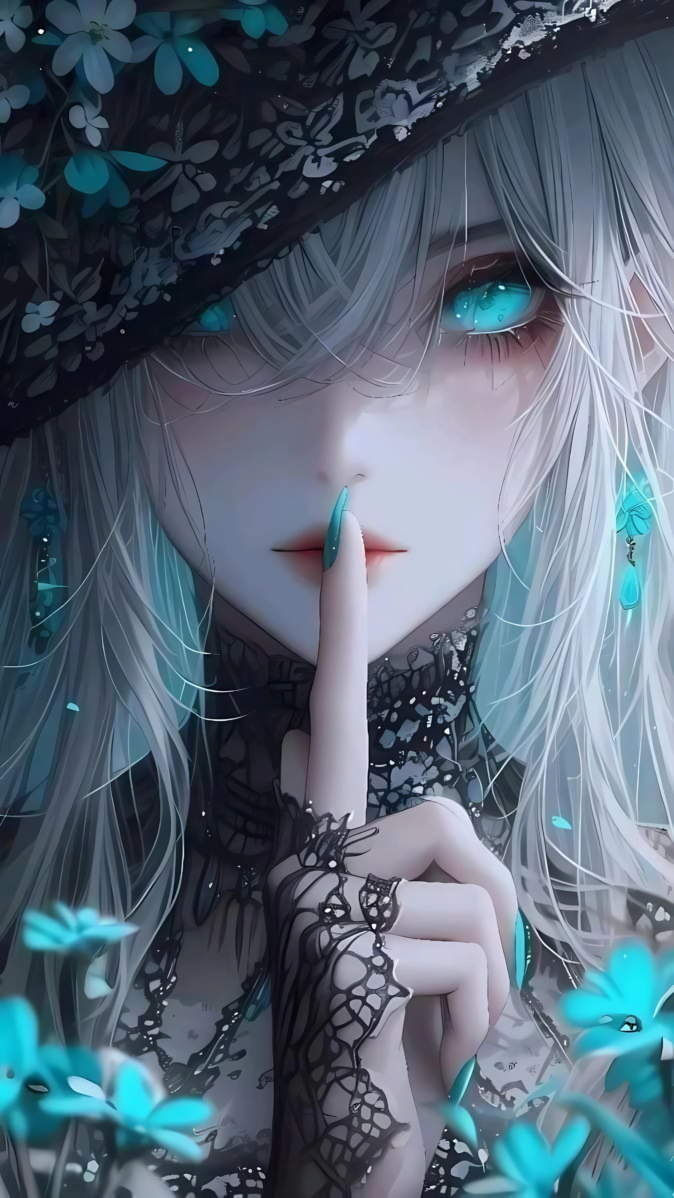 Mysterious Girl with Glowing Blue Eyes and Lace Hat