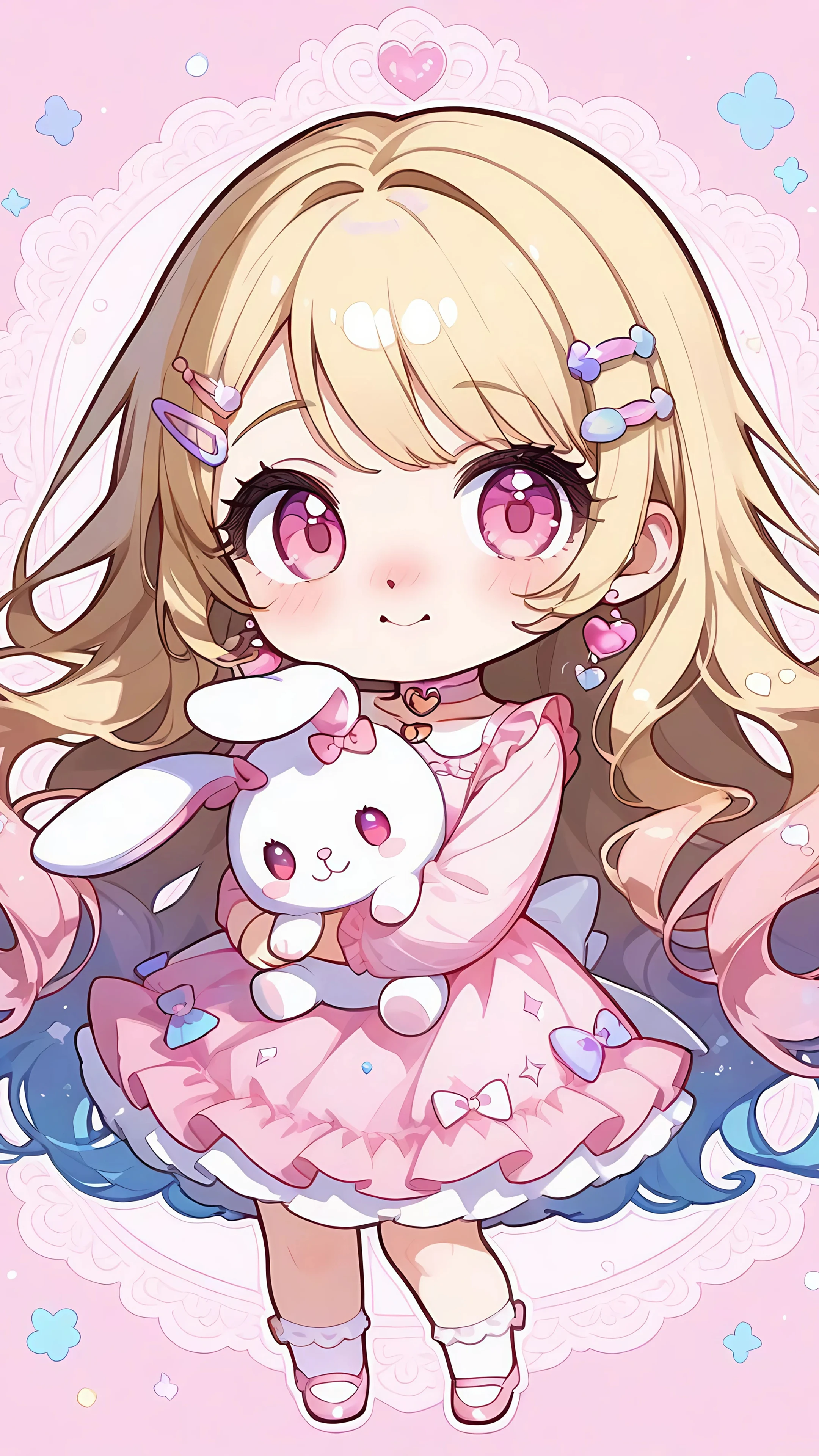 Kawaii Chibi Girl Hugging Bunny Plush Toy