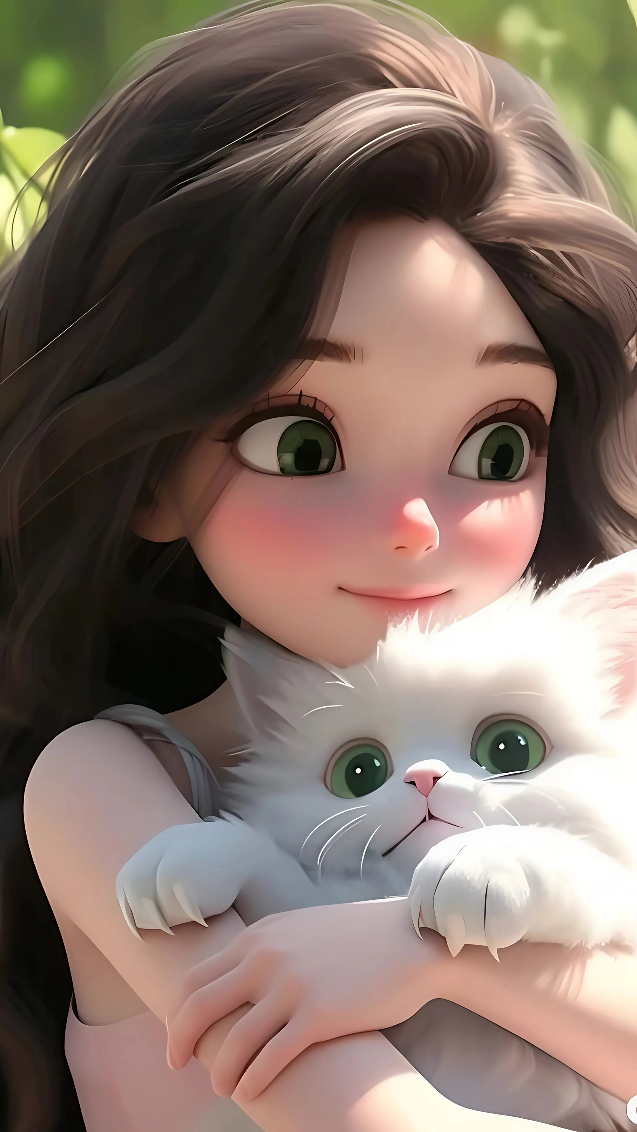 3D Anime Girl Hugging Fluffy White Cat