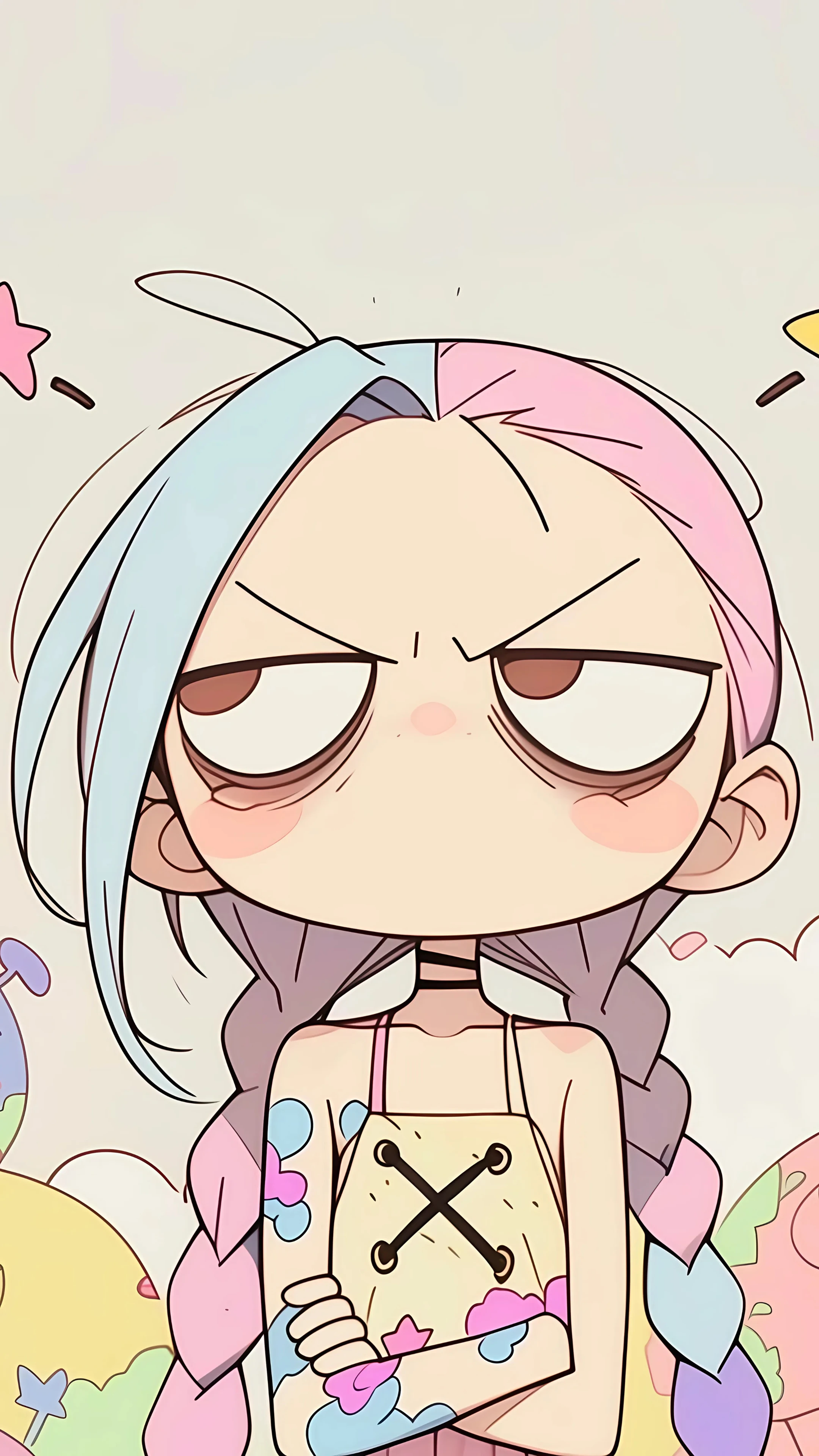 Funny Chibi Girl with Colorful Hair and Angry Expression