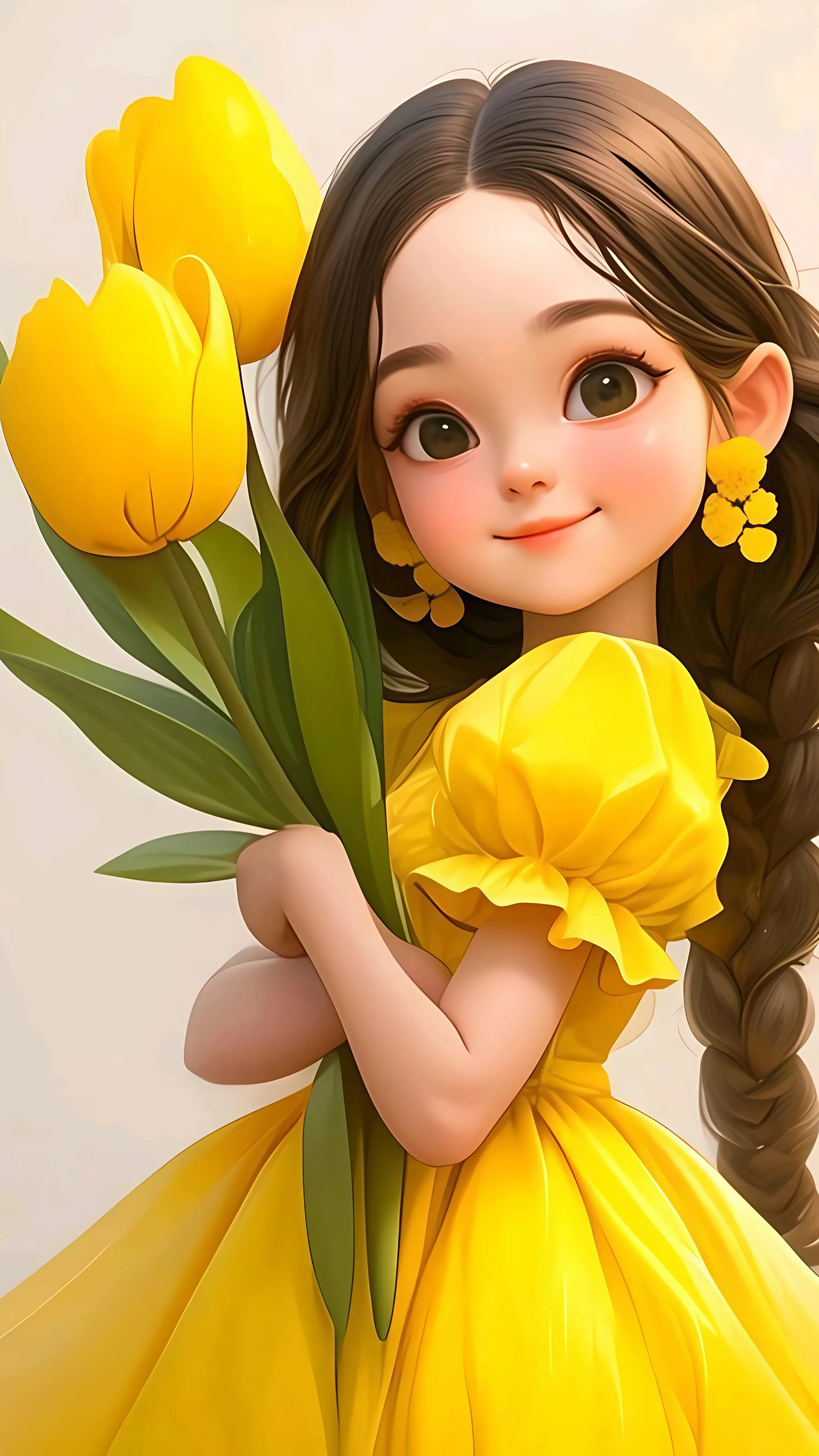 3D Cartoon Girl in Yellow Dress Holding Tulips