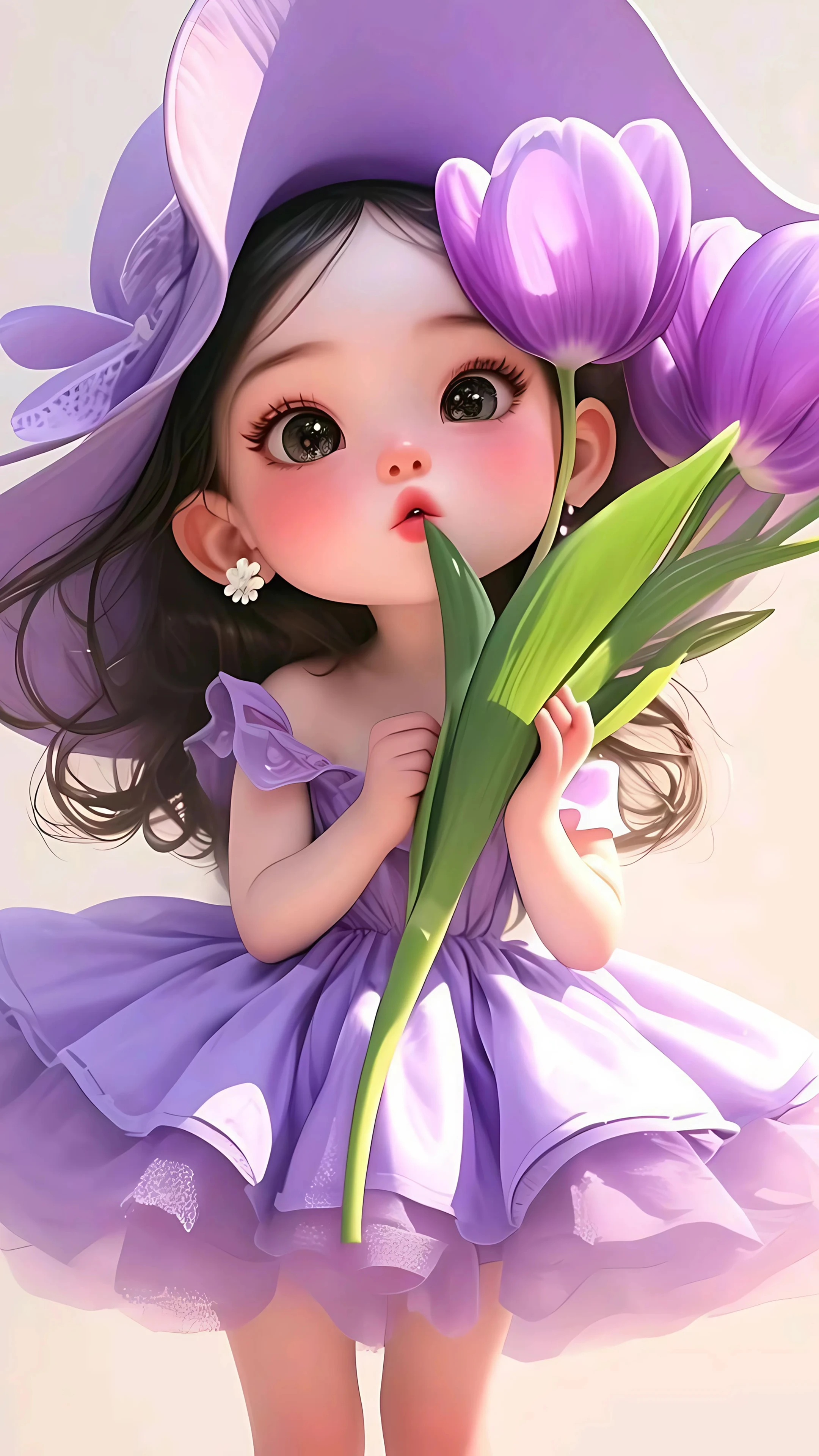 3D Anime Girl in Lavender Dress Holding Purple Tulips