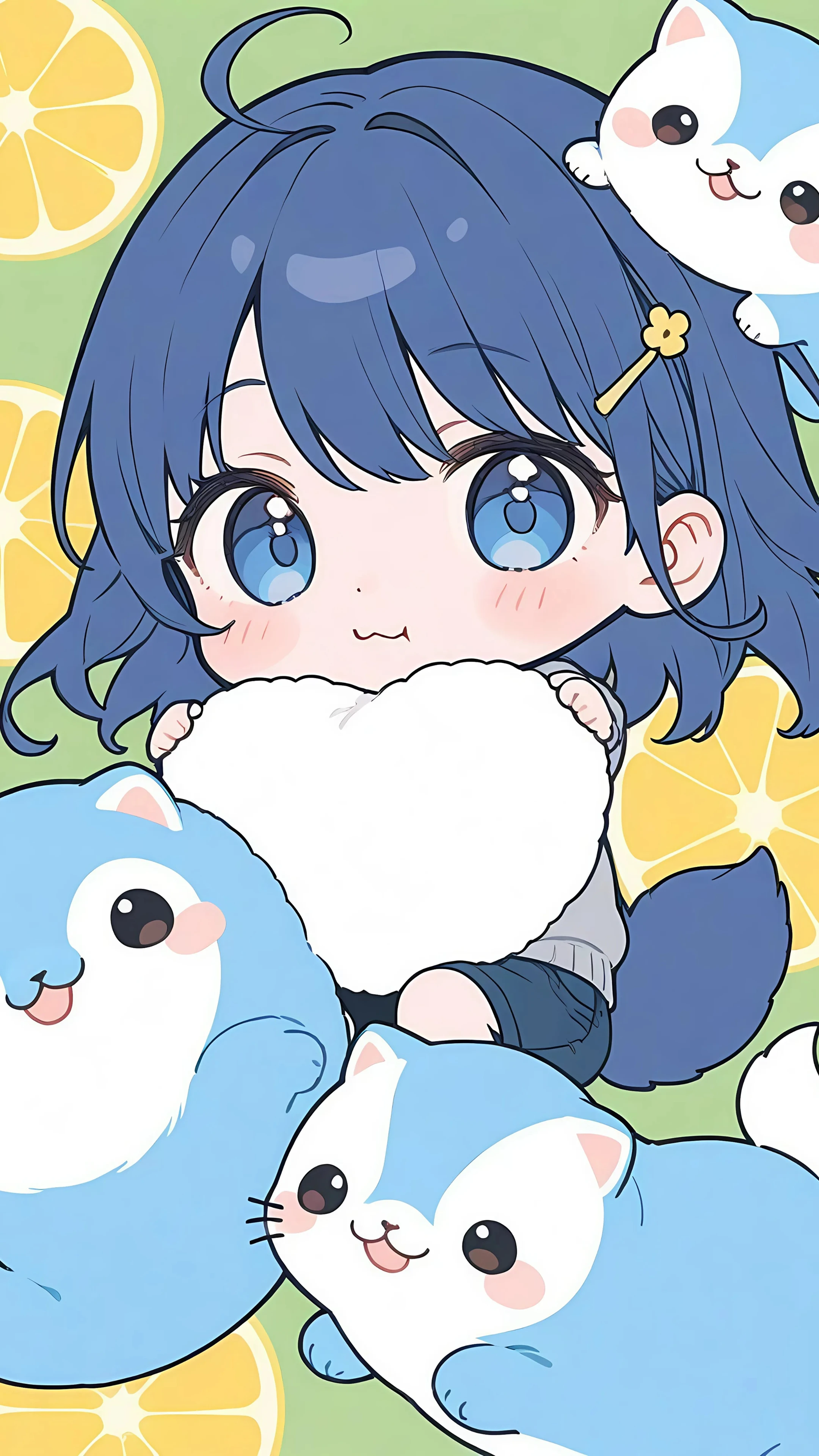 Adorable Girl with Blue Kittens